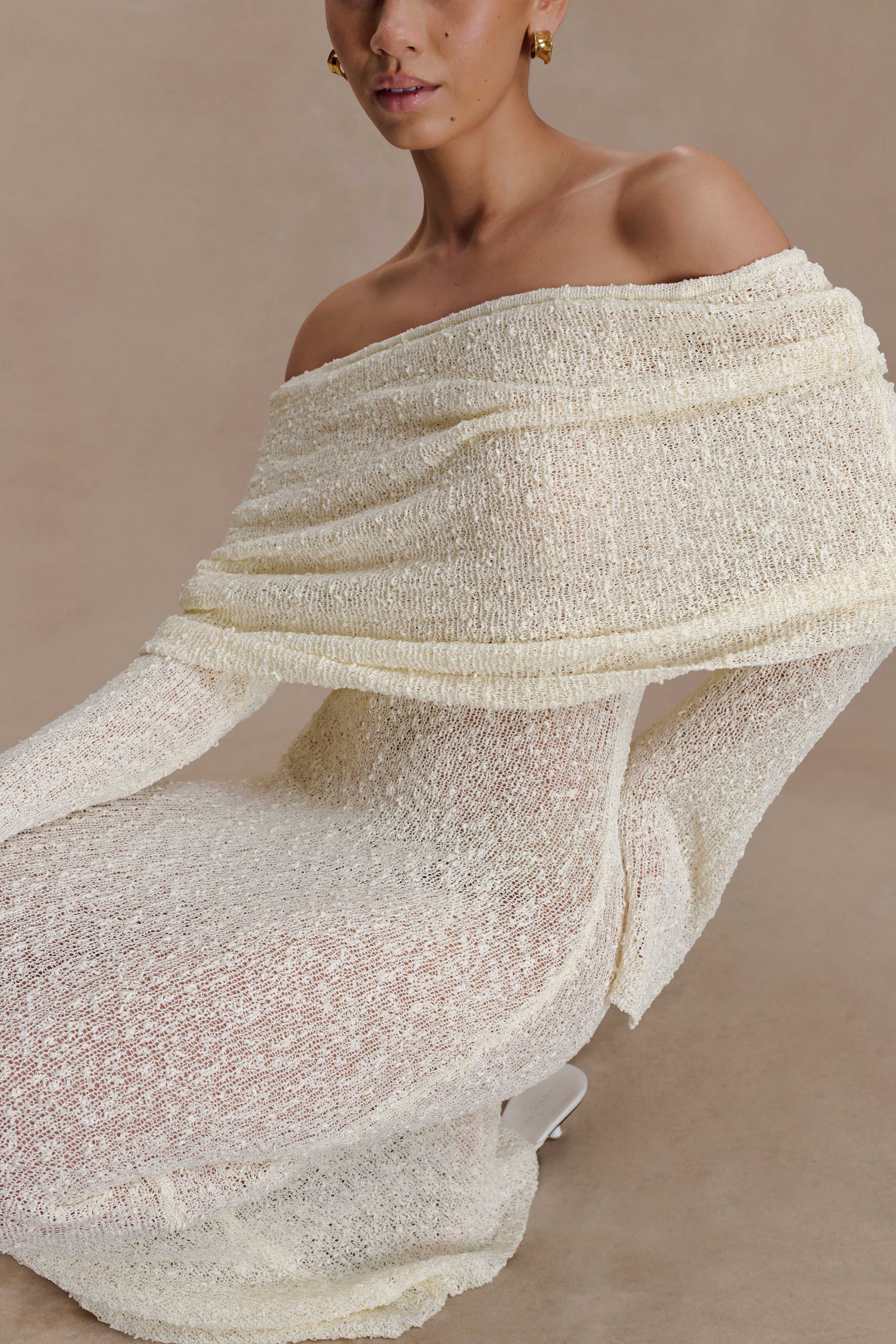 Marisol Off Shoulder Boucle Maxi Dress - Ivory - Image 3