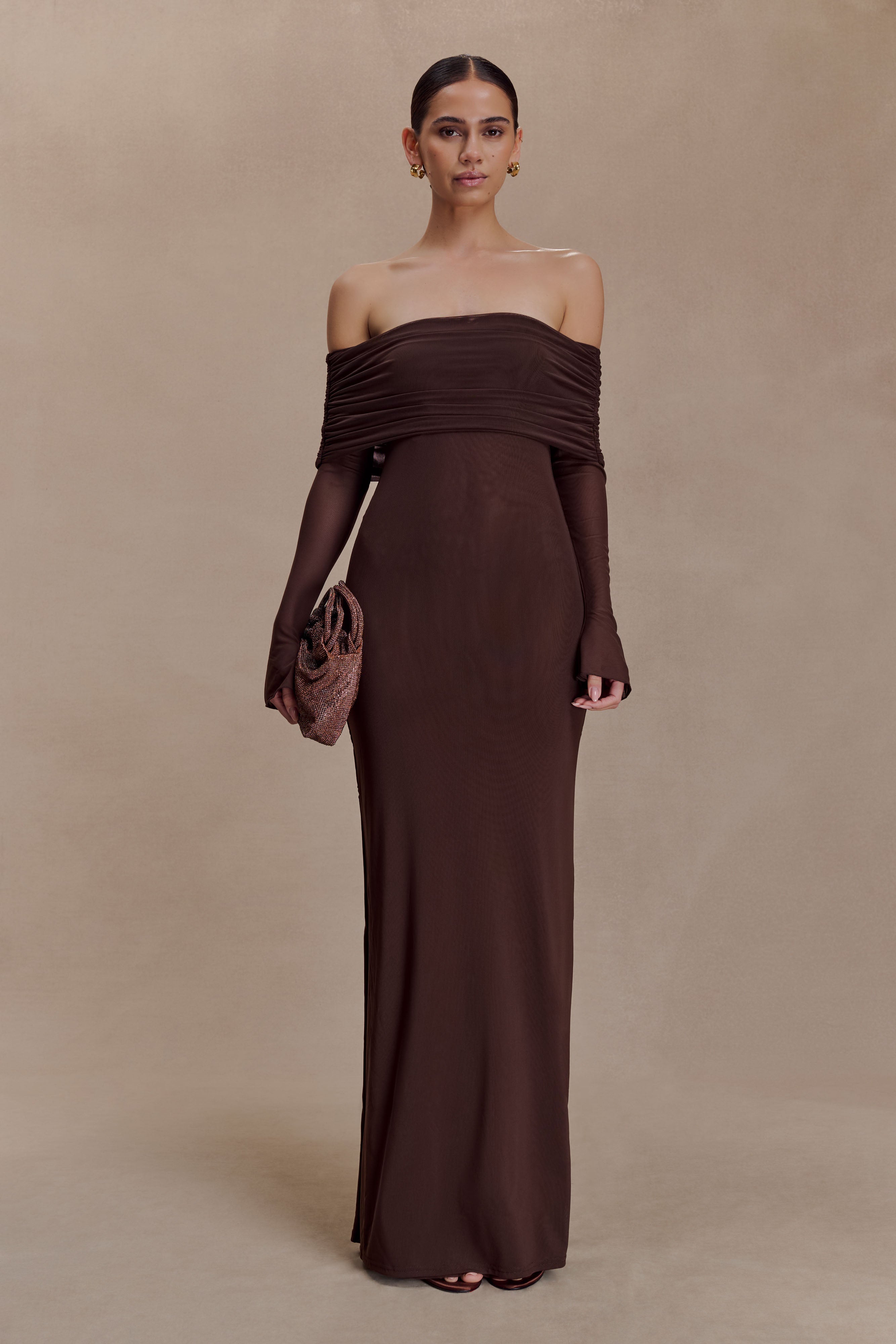 Josie Off Shoulder Mesh Maxi Dress - Dark Brown - Image 6