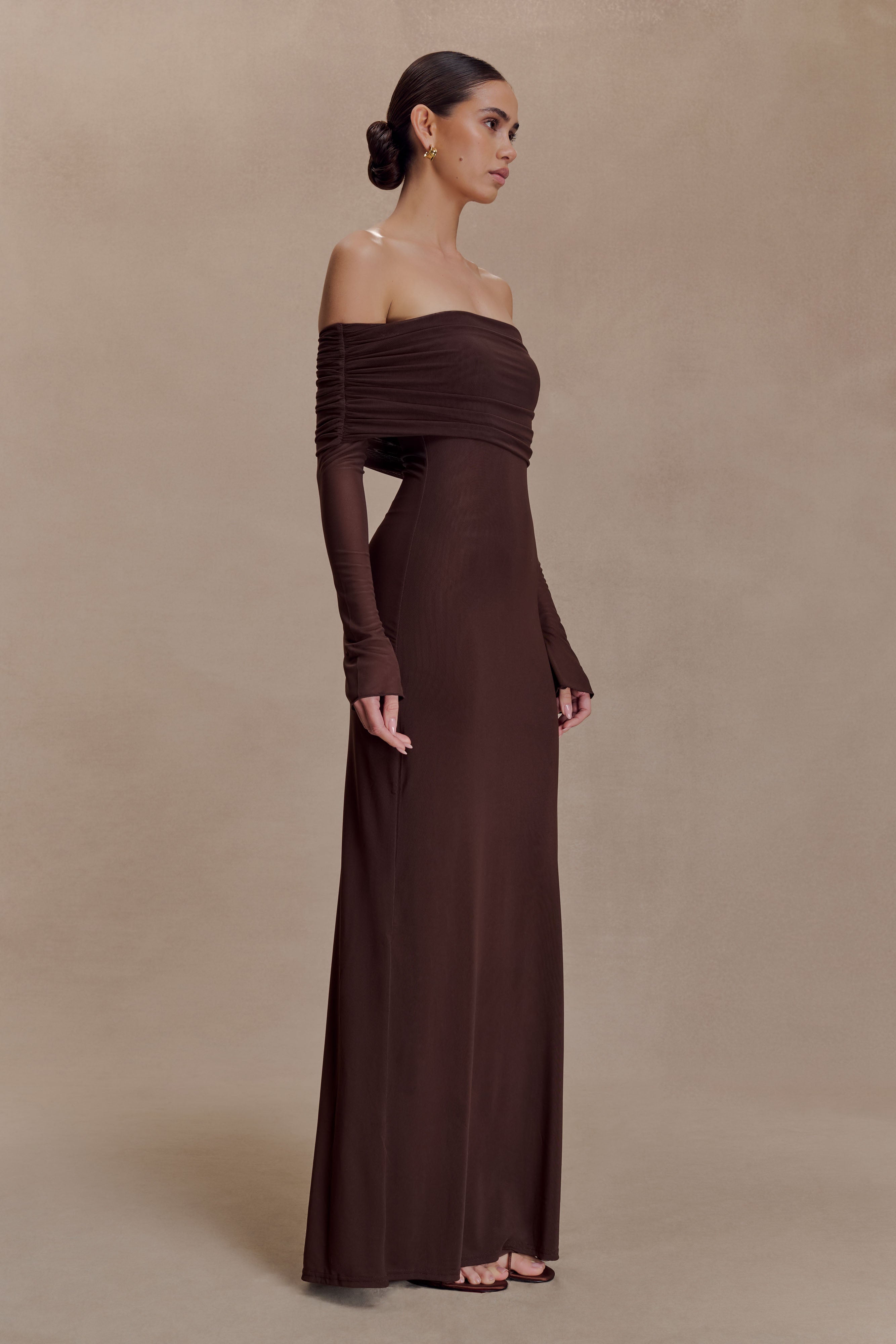 Josie Off Shoulder Mesh Maxi Dress - Dark Brown - Image 5