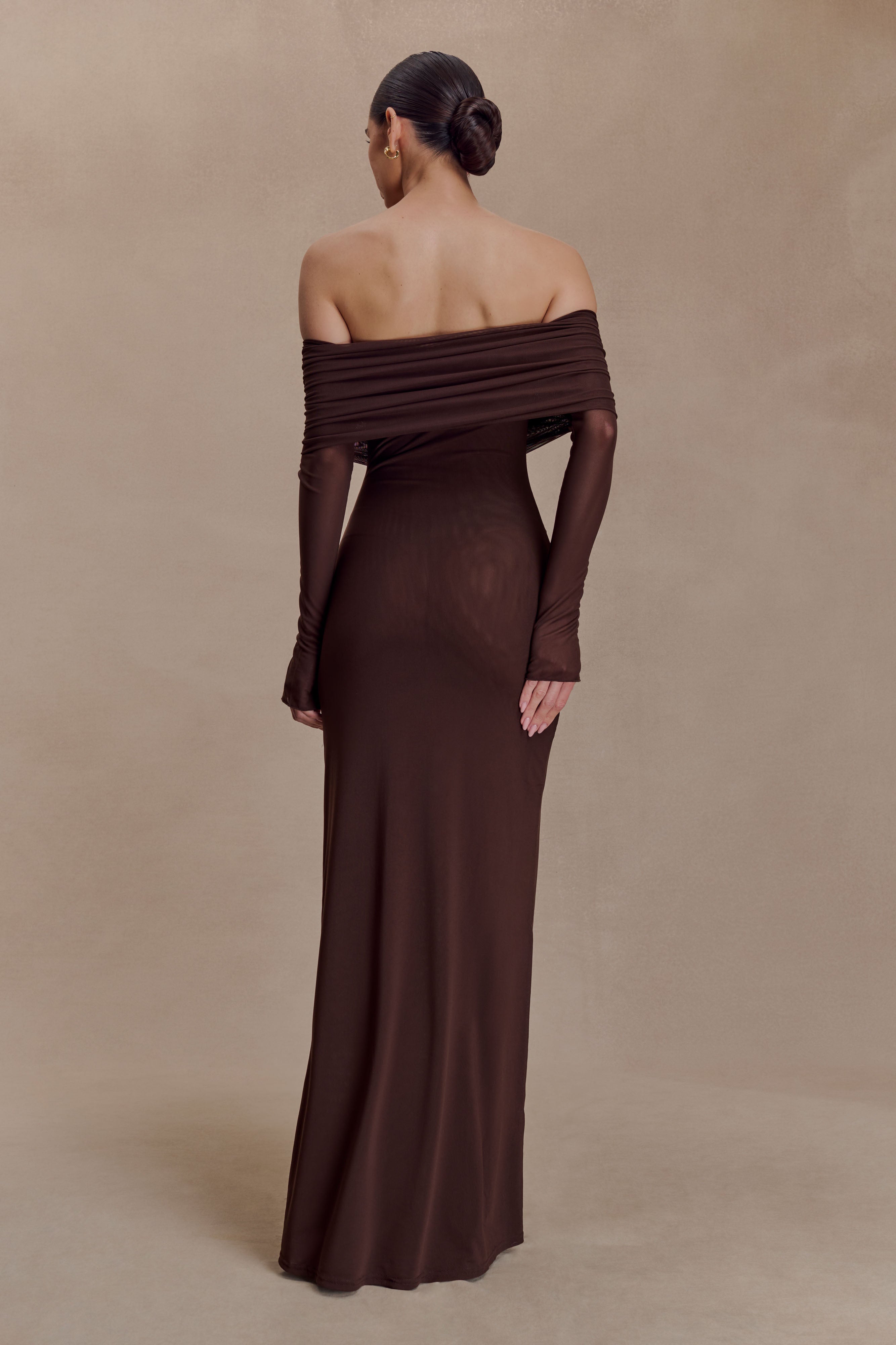 Josie Off Shoulder Mesh Maxi Dress - Dark Brown - Image 2