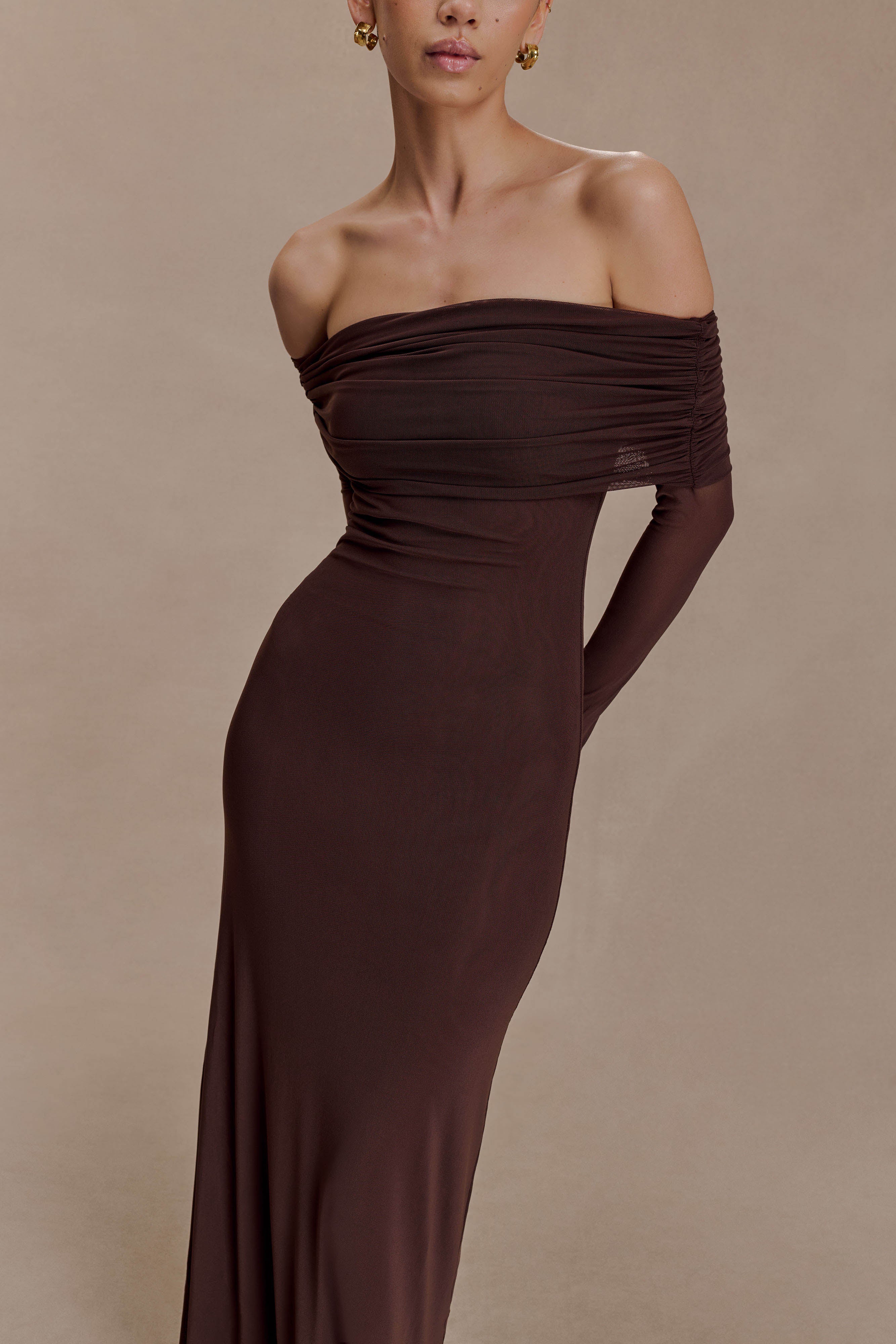 Josie Off Shoulder Mesh Maxi Dress - Dark Brown - Image 4