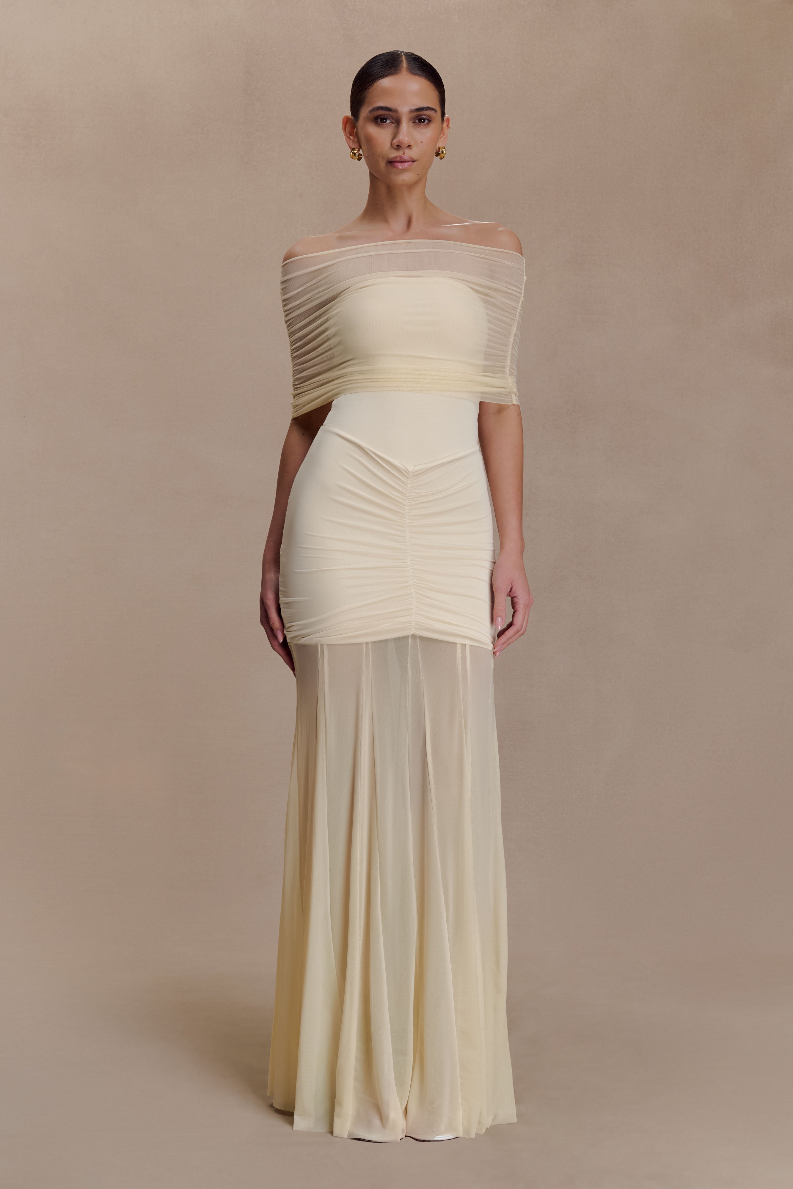 Alternative view of Caspian Slinky And Mesh Off Shoulder Maxi Dress - Ivory