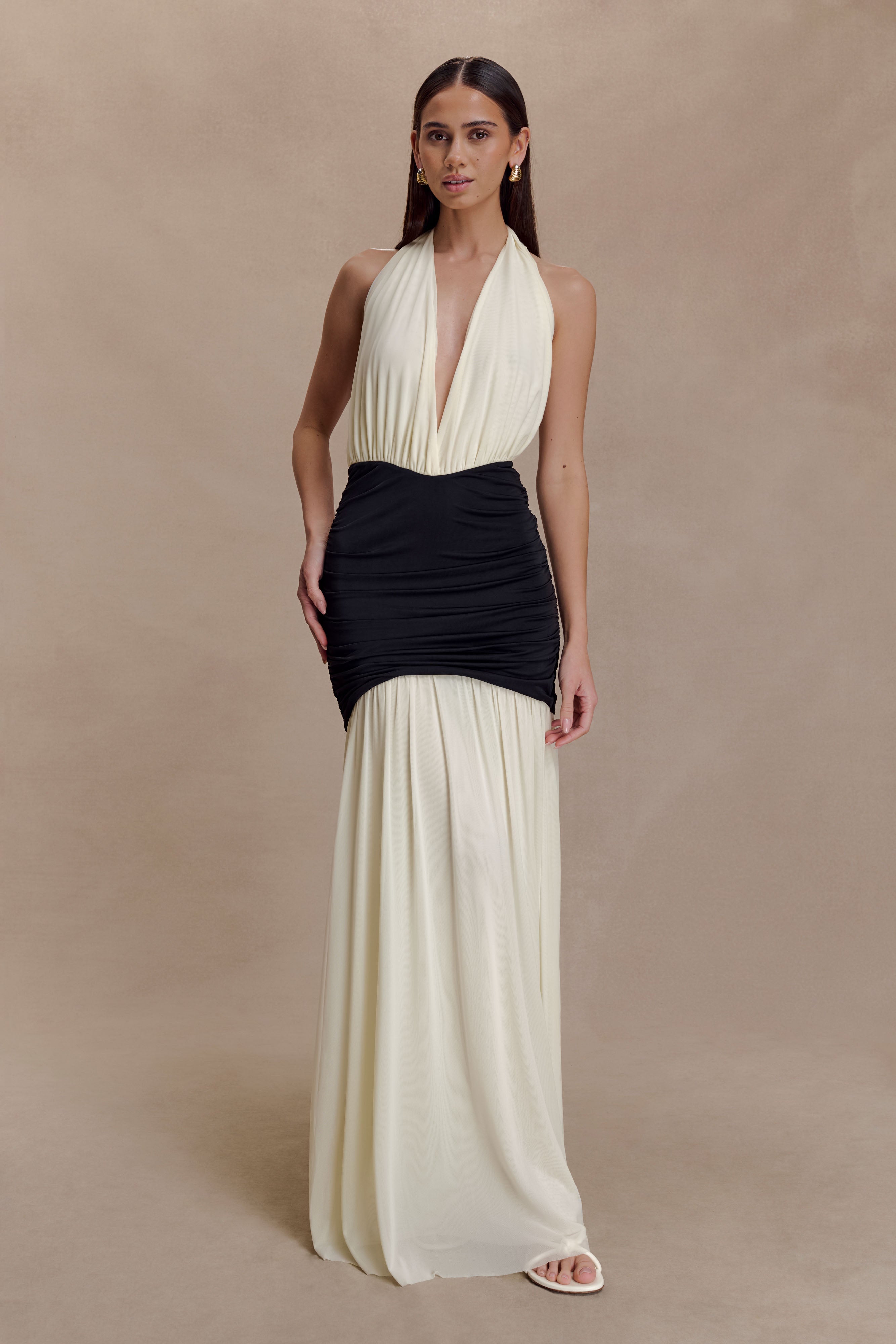 Hailee Slinky And Mesh Halter Maxi Dress - Black/White - Image 3