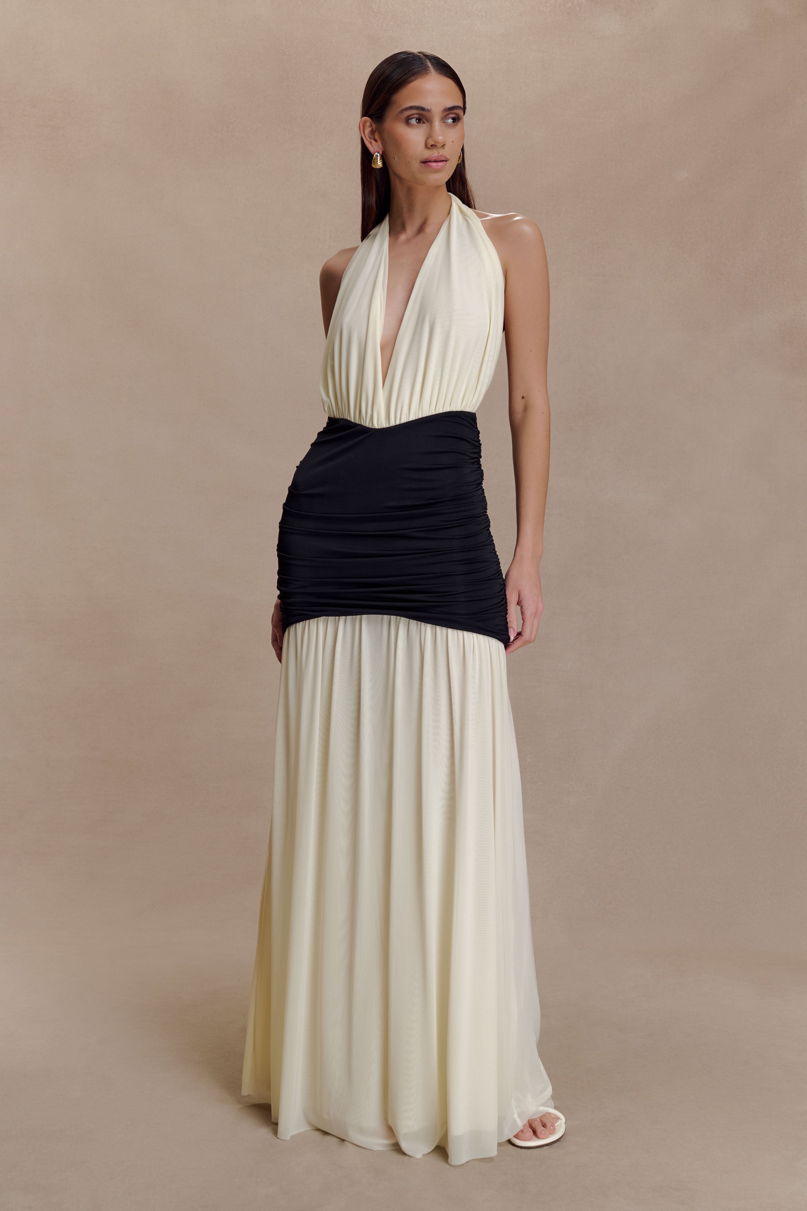 Hailee Slinky And Mesh Halter Maxi Dress - Black/White - Image 7