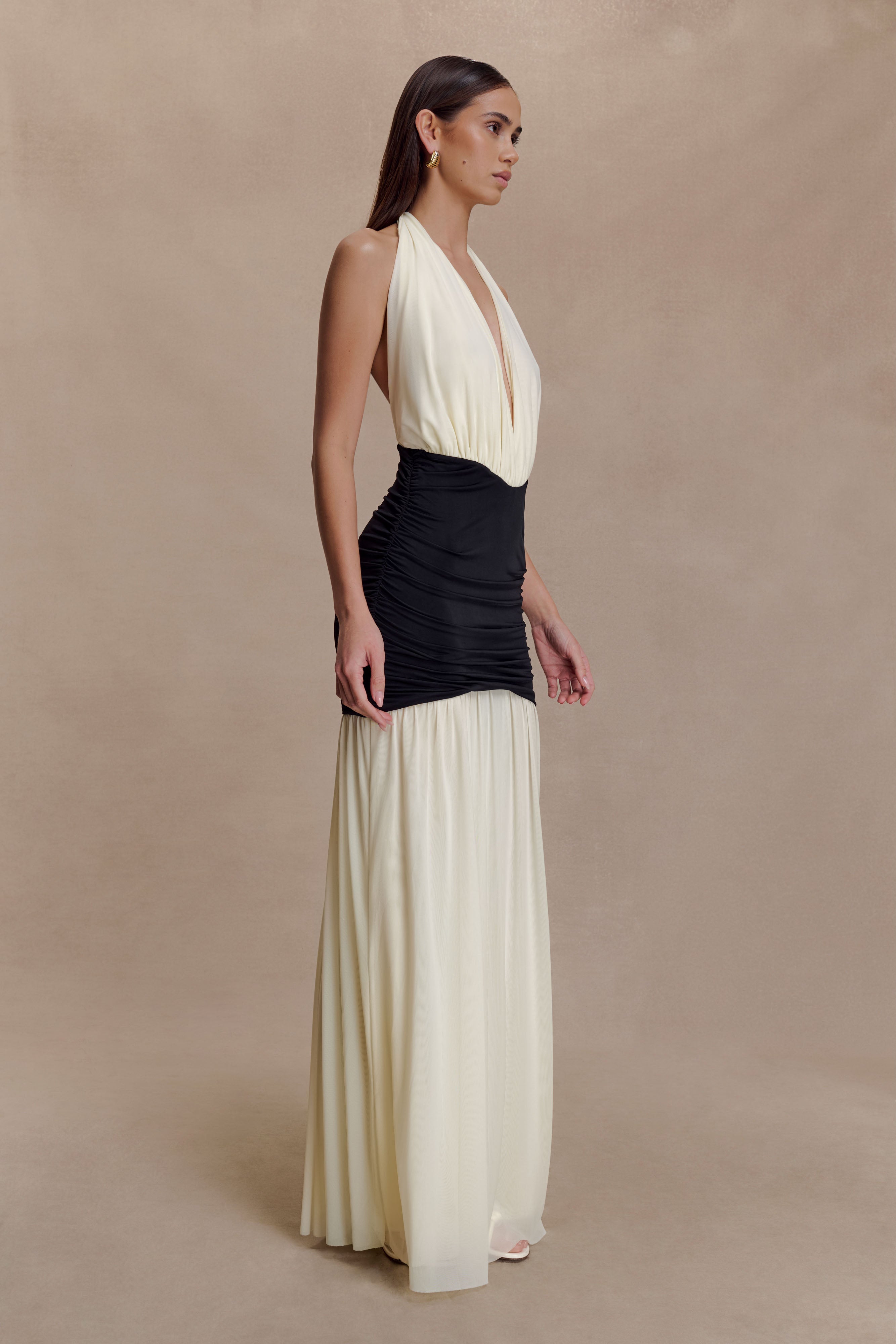 Hailee Slinky And Mesh Halter Maxi Dress - Black/White - Image 4