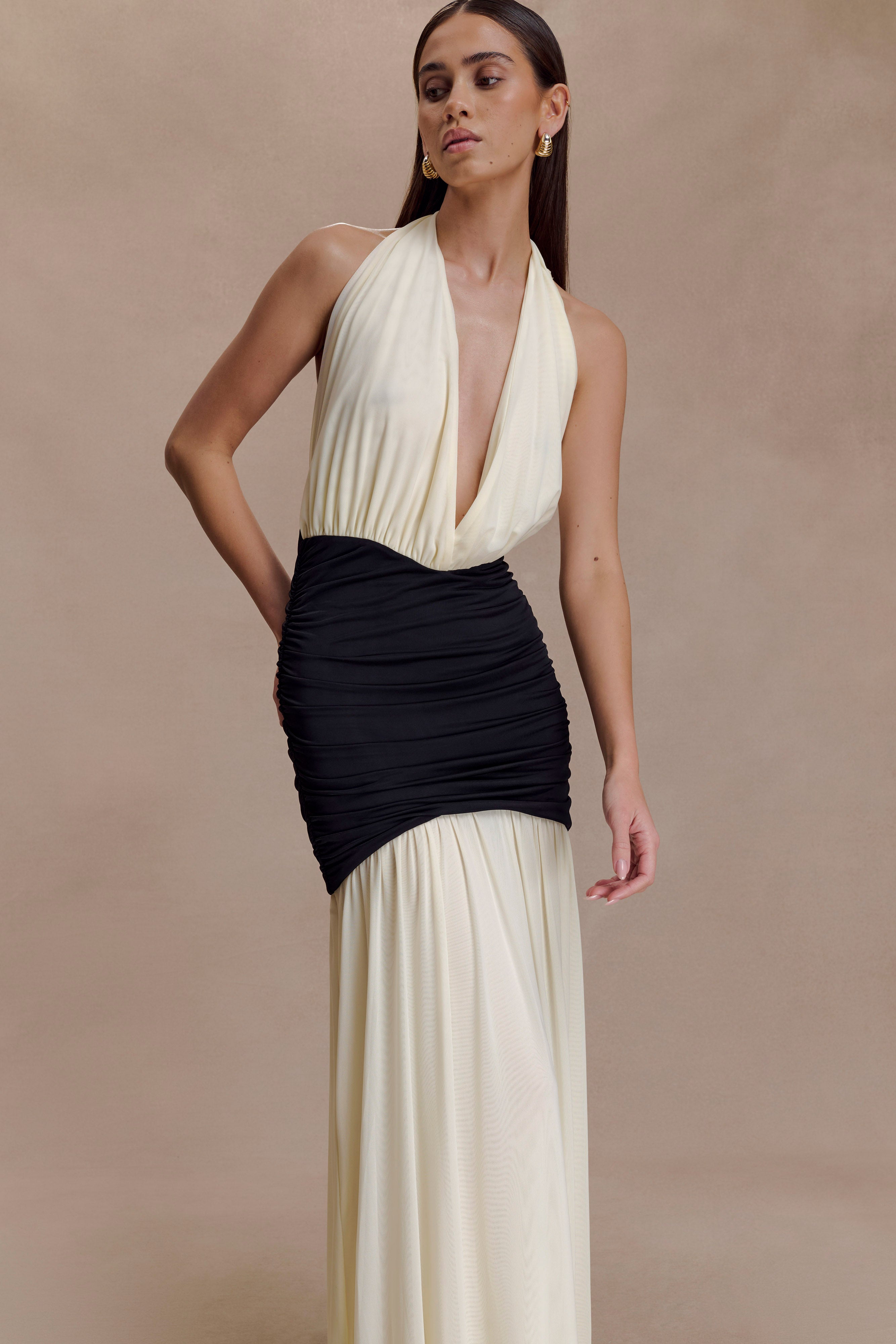 Hailee Slinky And Mesh Halter Maxi Dress - Black/White - Image 5