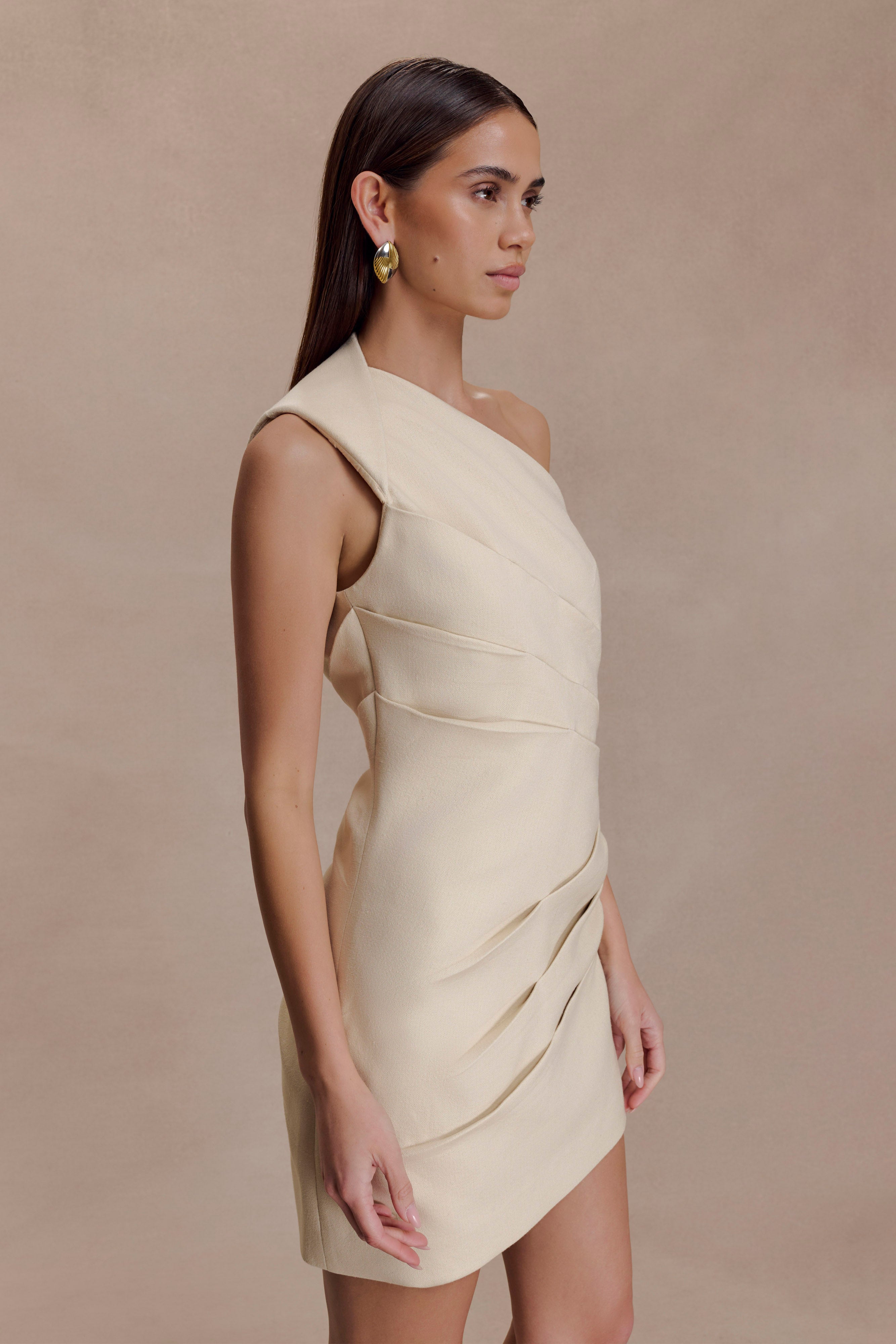 Helena One Shoulder Linen Mini Dress - Natural Beige - Image 4