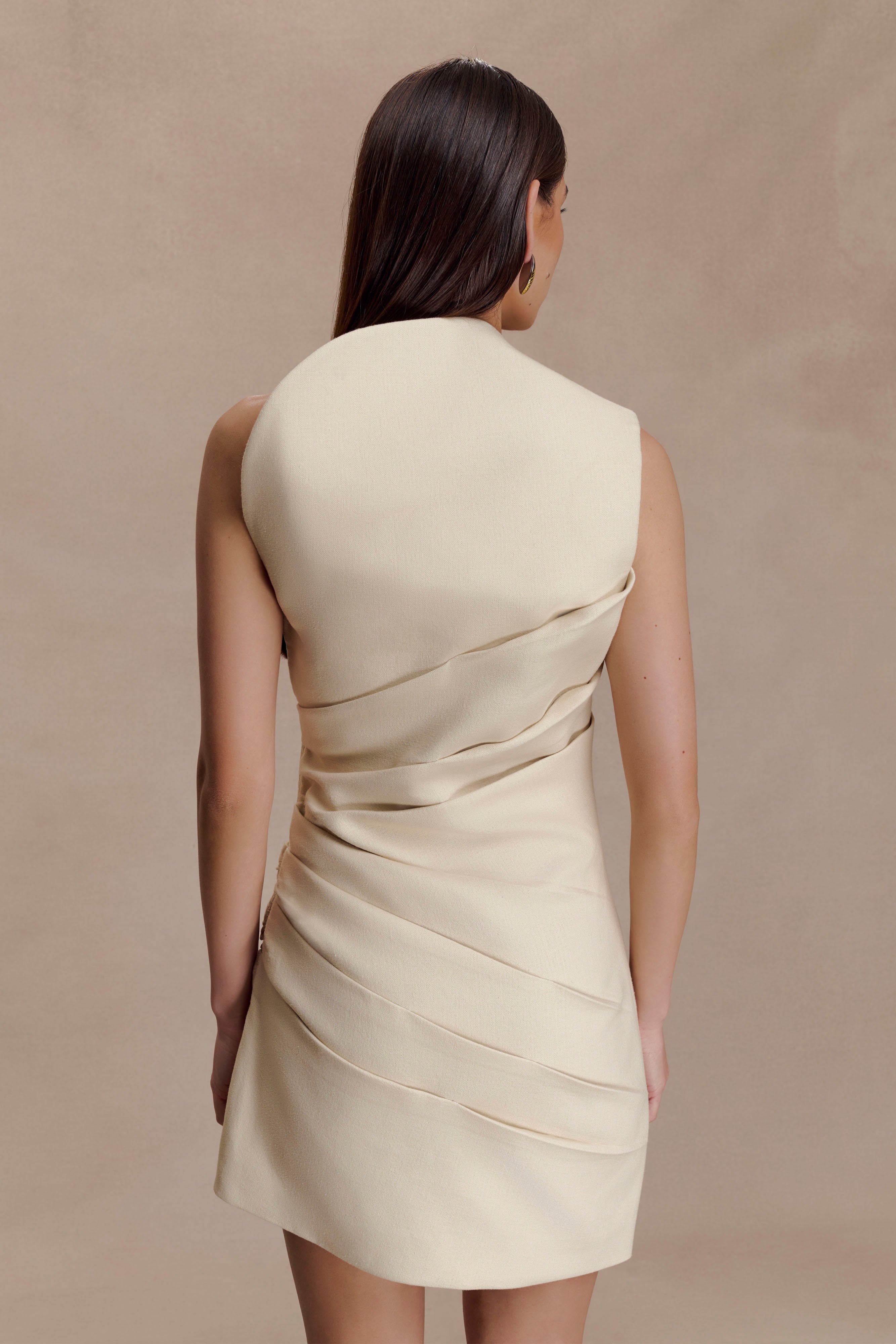 Helena One Shoulder Linen Mini Dress - Natural Beige - Image 5