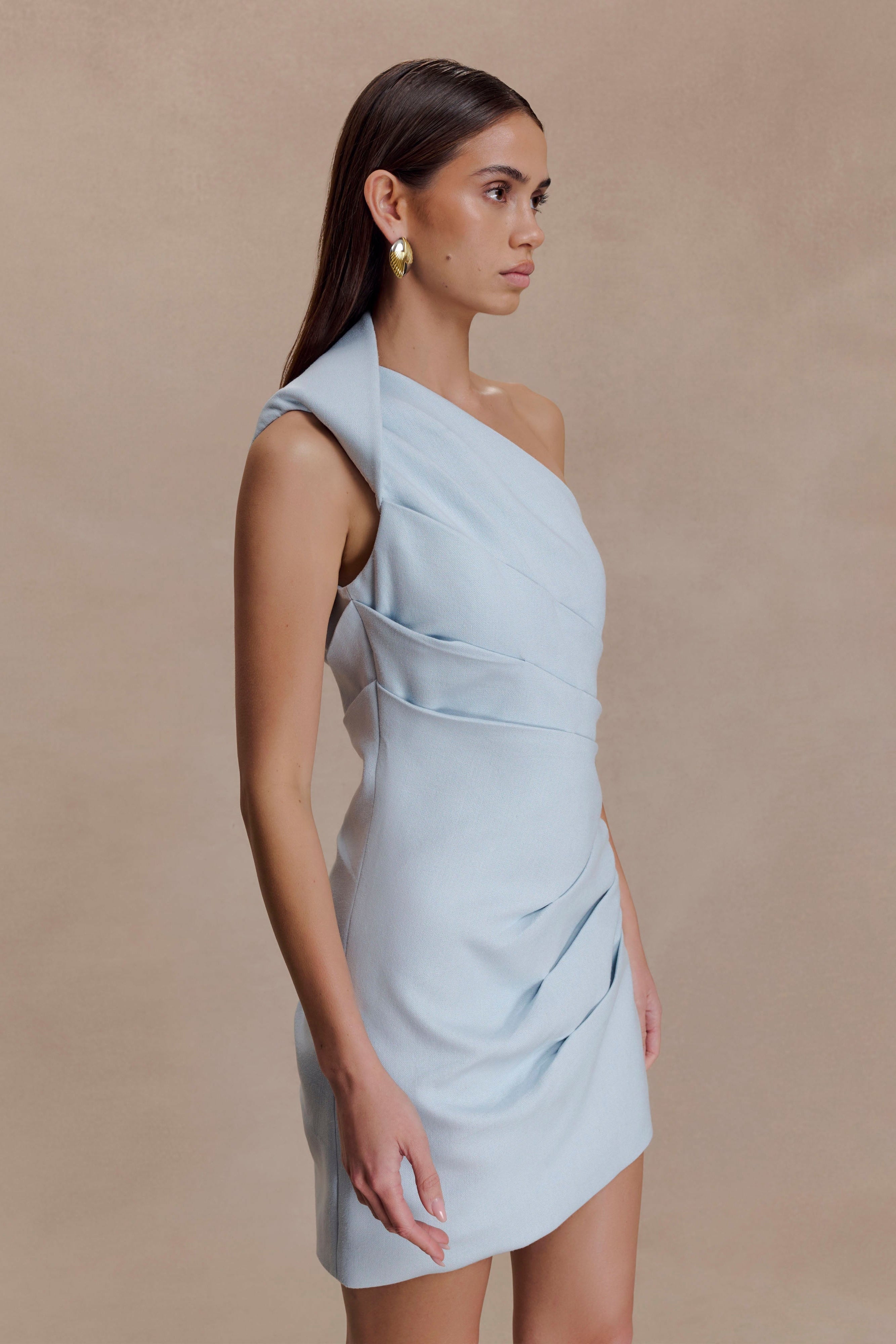 Helena One Shoulder Linen Mini Dress - Powder Blue - Image 4