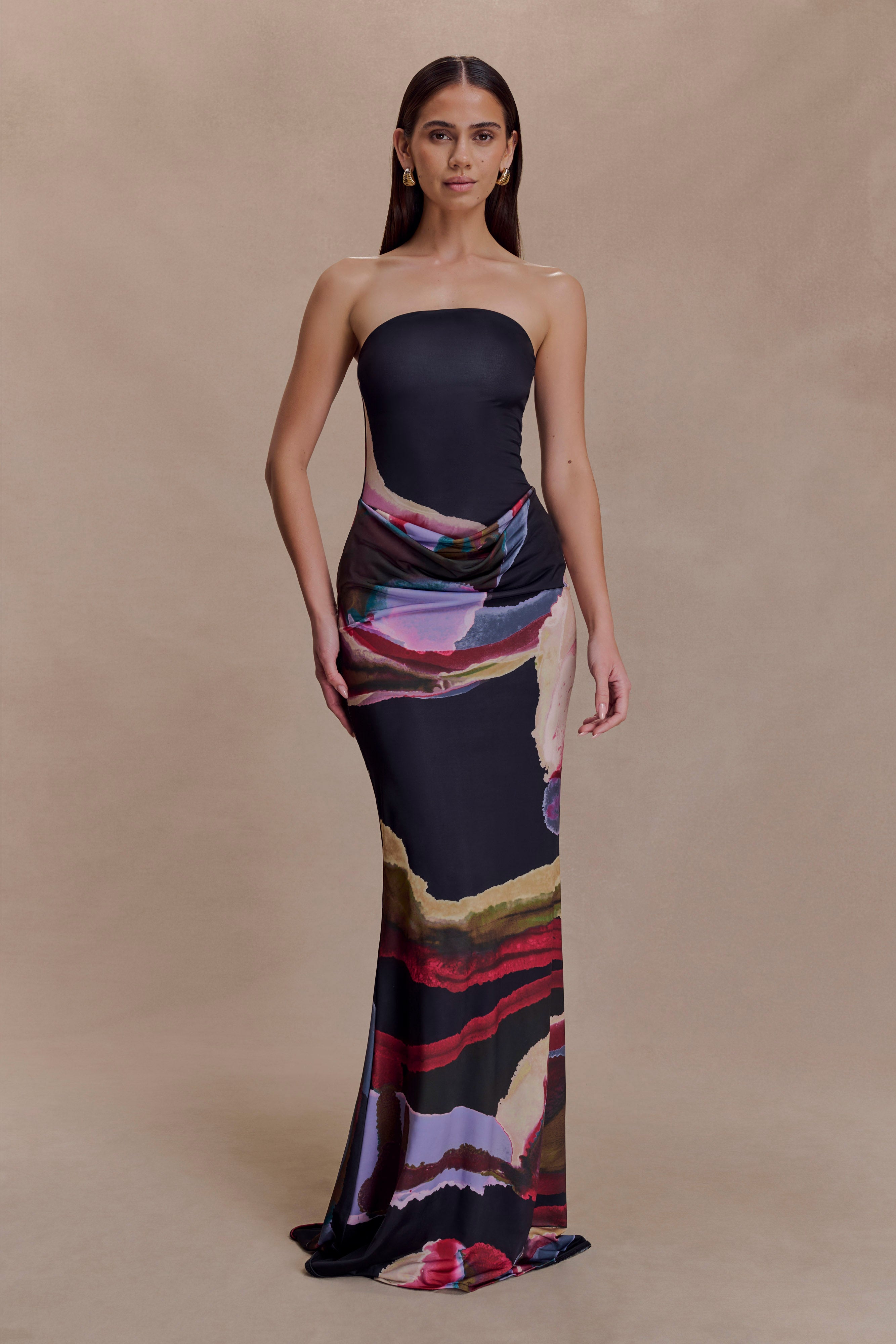 Madison Strapless Slinky Maxi Dress - Multi Fluid Reverie Print - Image 5