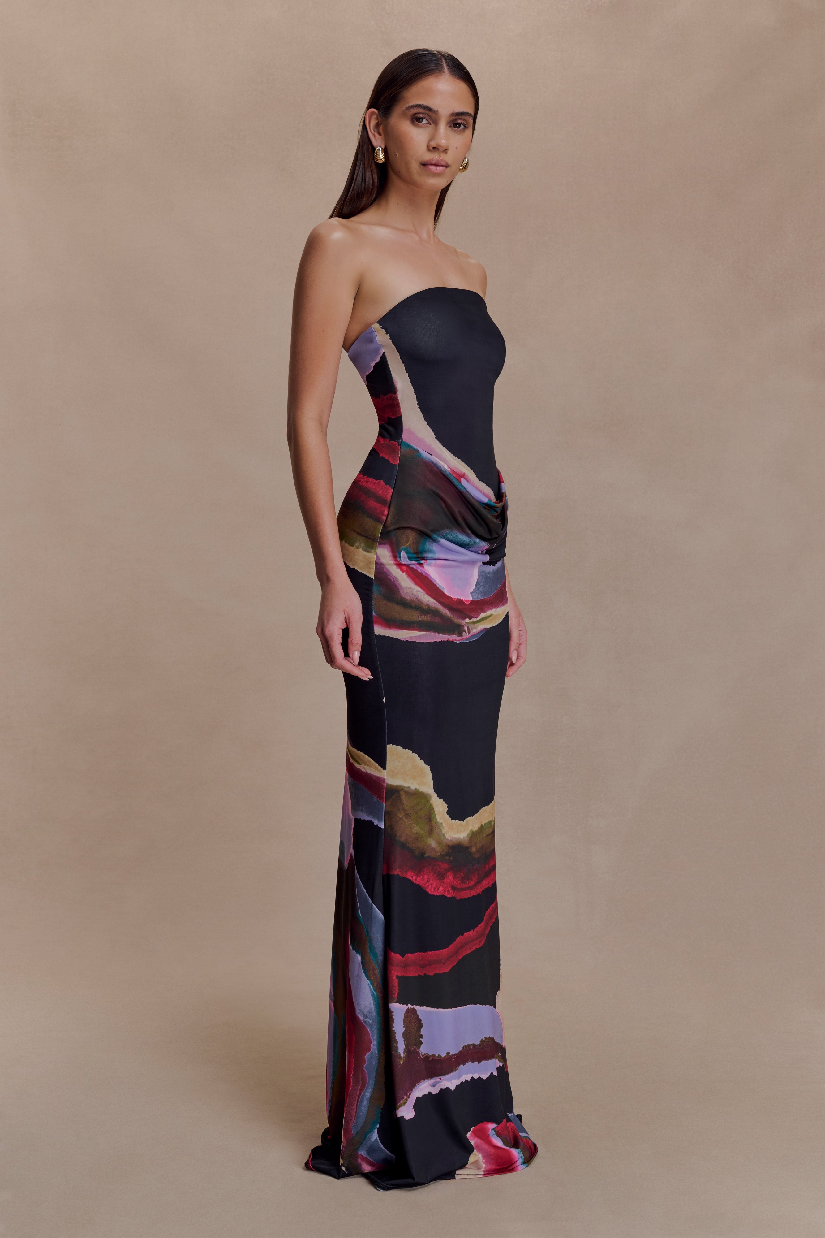 Madison Strapless Slinky Maxi Dress - Multi Fluid Reverie Print - Image 4