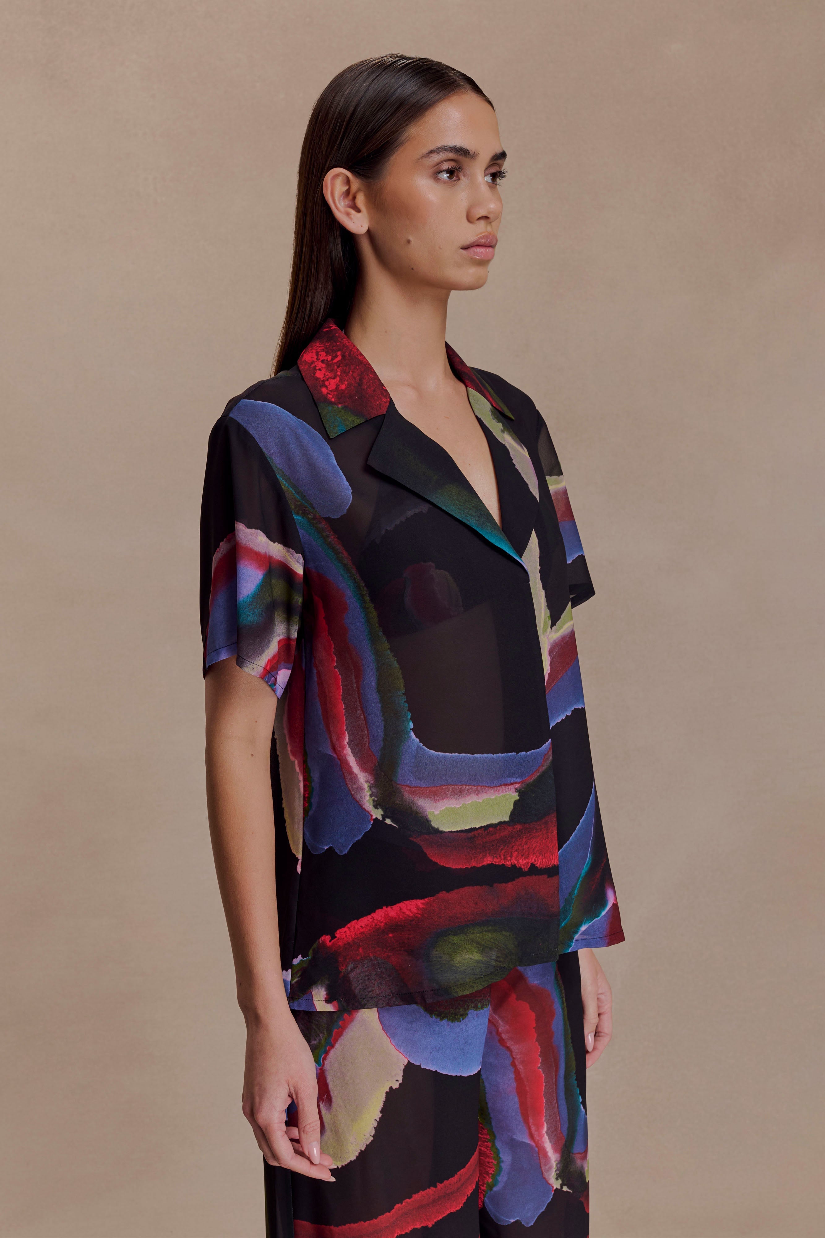 Rachel Chiffon Short Sleeve Shirt - Multi Fluid Reverie Print - Image 3