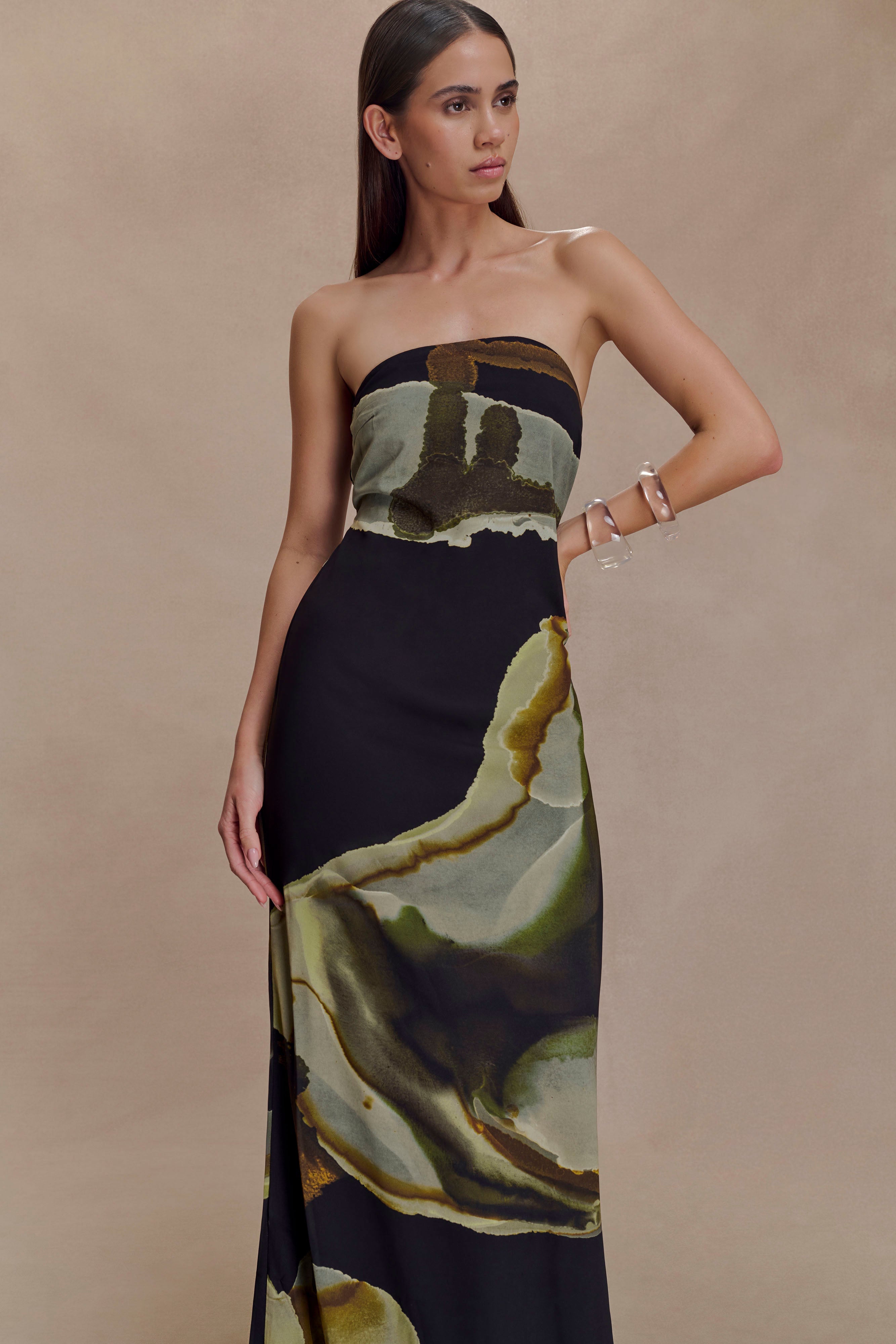 Amaya Strapless Chiffon Maxi Dress - Green Fluid Reverie Print - Image 3