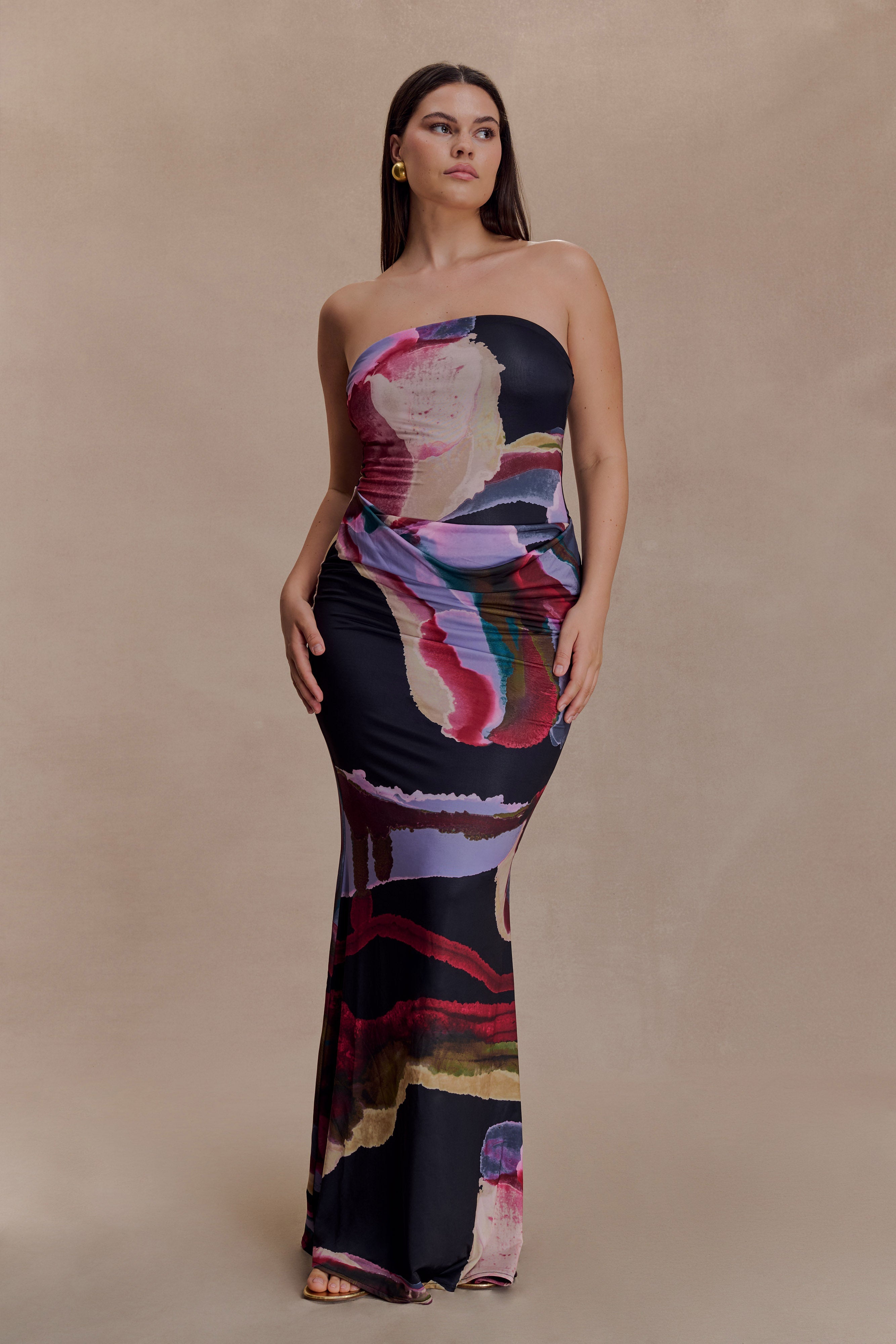 Madison Strapless Slinky Maxi Dress - Multi Fluid Reverie Print - Image 9