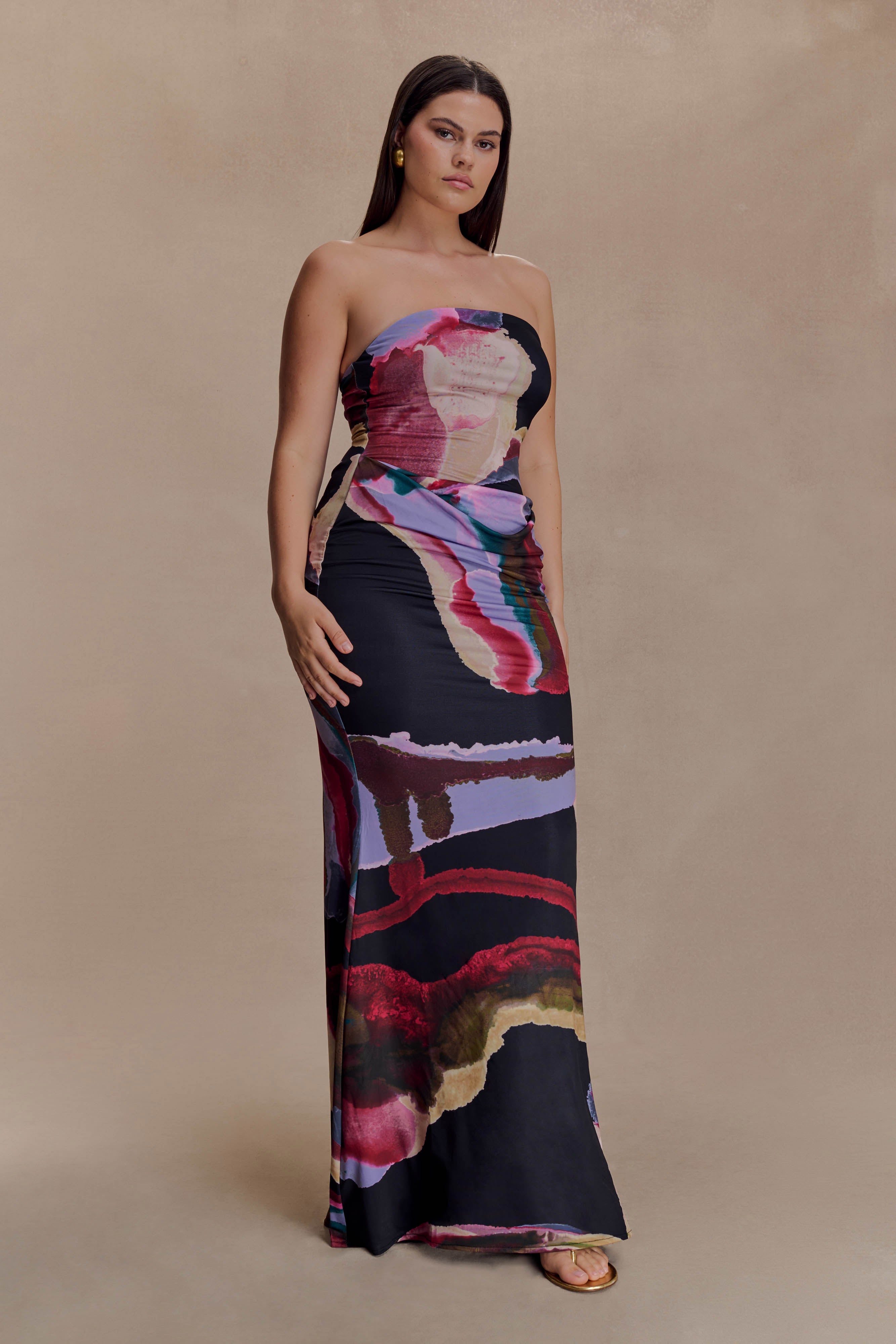 Madison Strapless Slinky Maxi Dress - Multi Fluid Reverie Print - Image 7