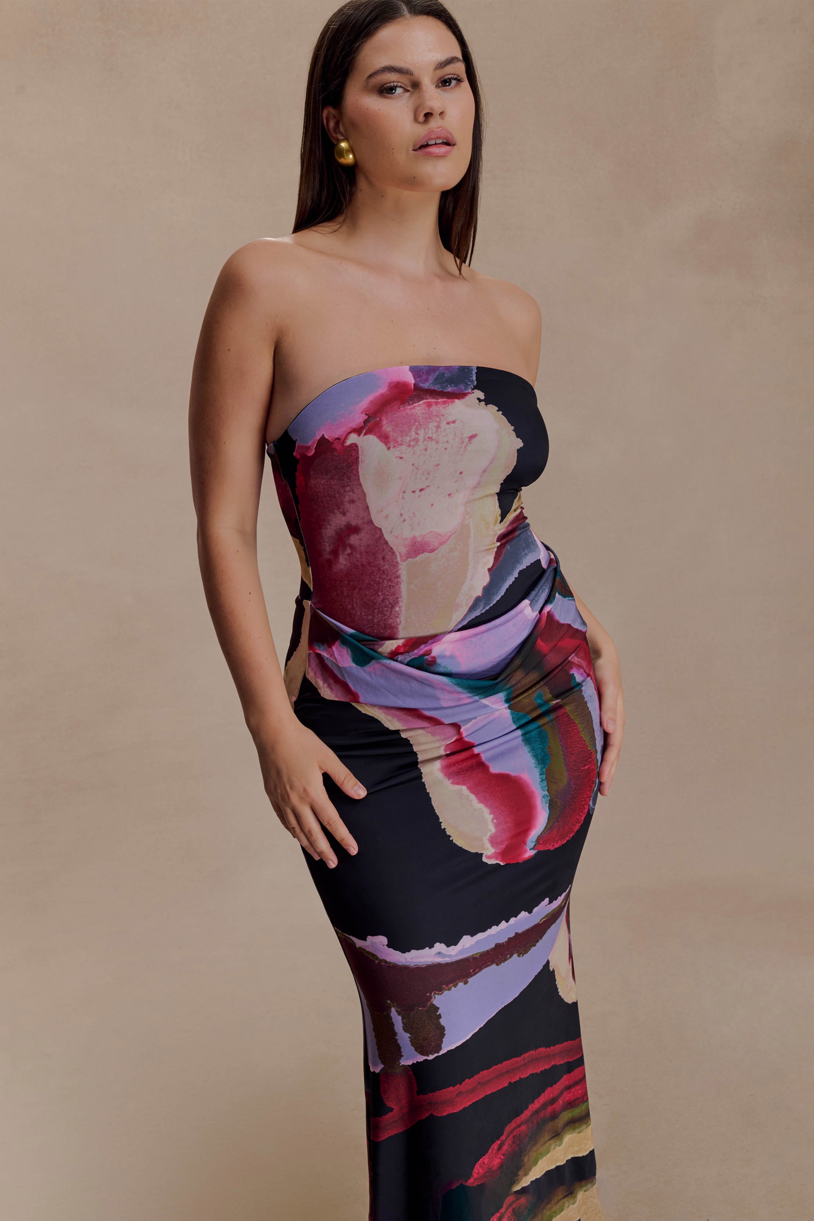 Madison Strapless Slinky Maxi Dress - Multi Fluid Reverie Print - Image 8