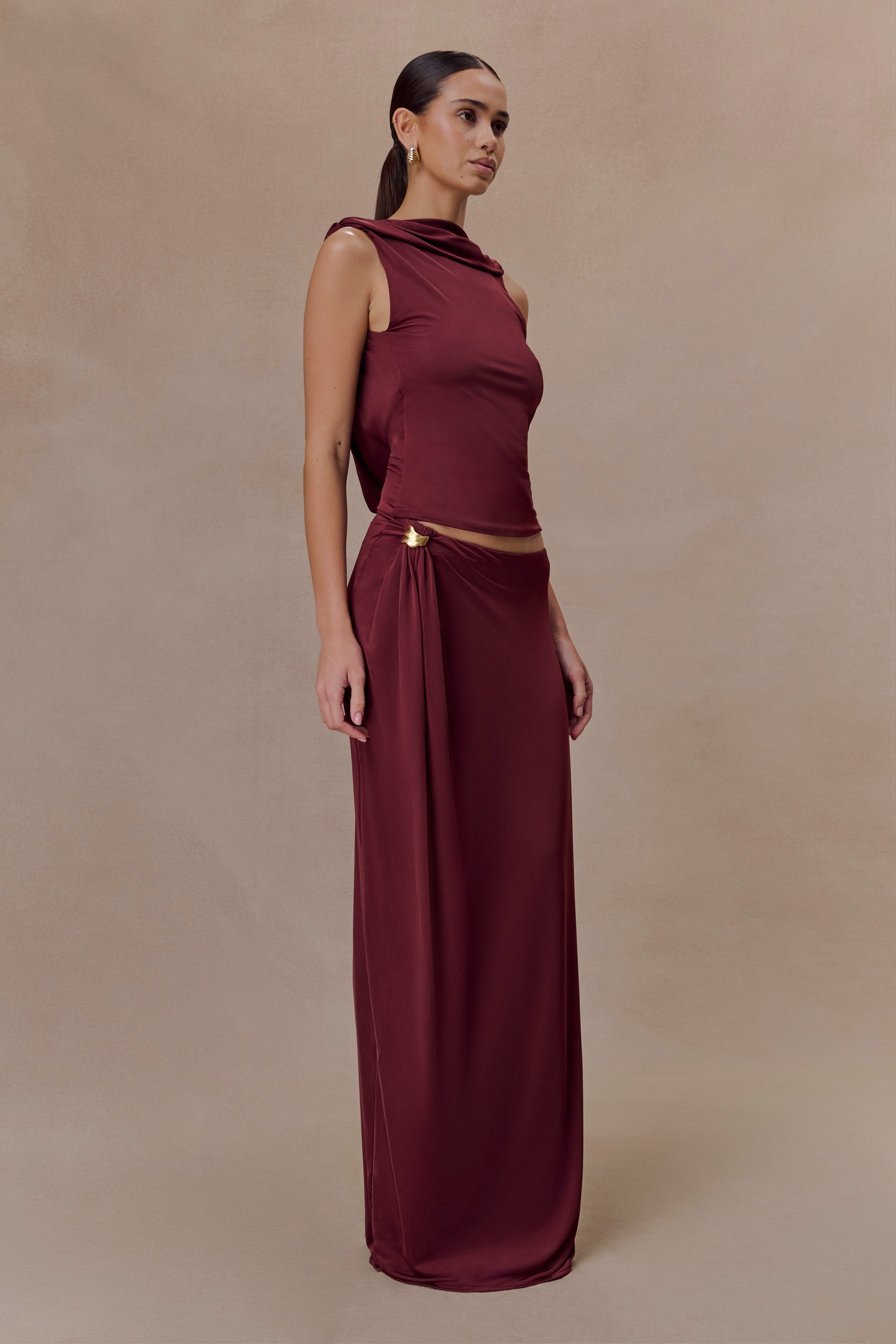 Bridget Slinky Maxi Skirt With Hardware - Burgundy - Image 3
