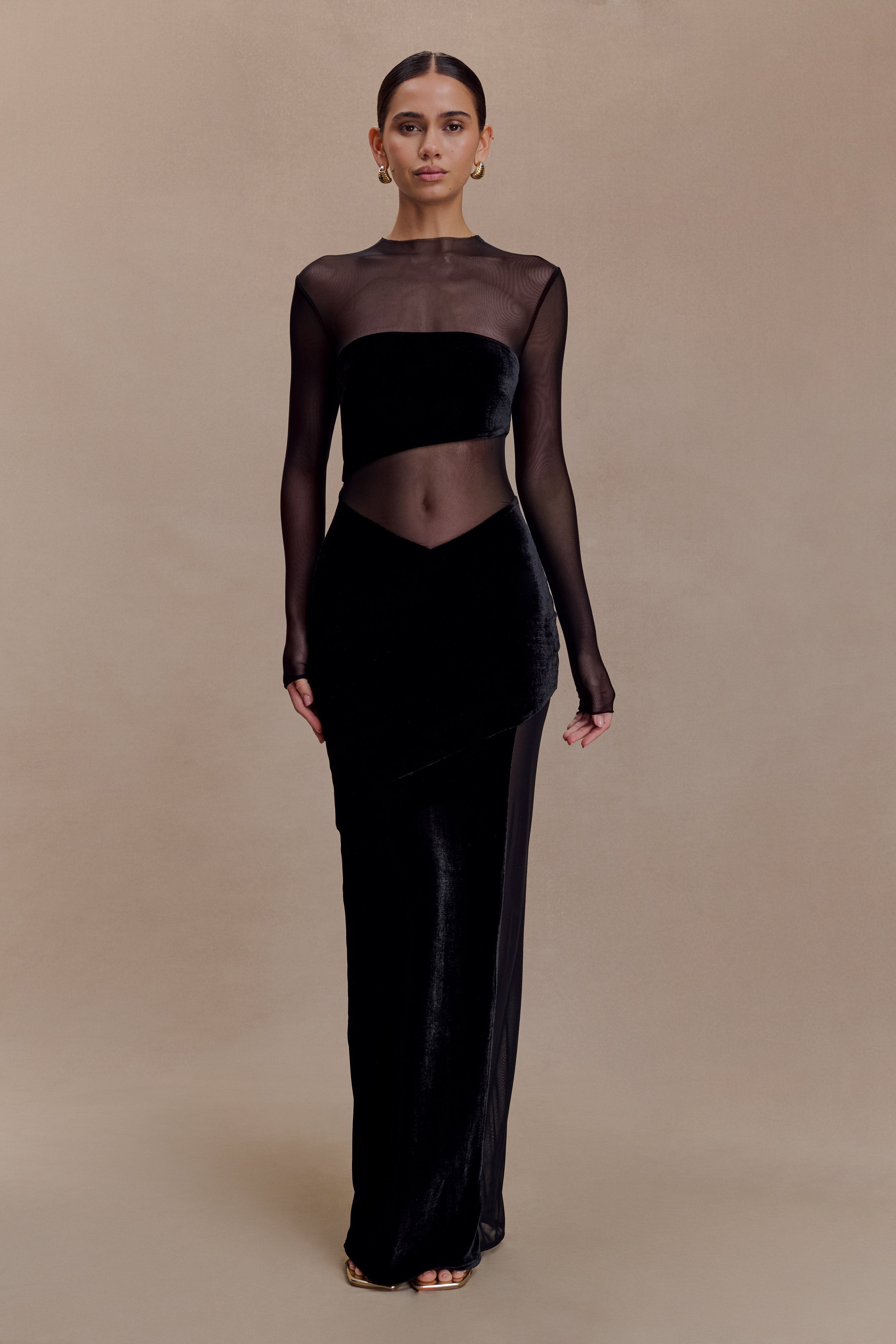 Davina Velvet And Mesh Maxi Dress - Black - Image 7
