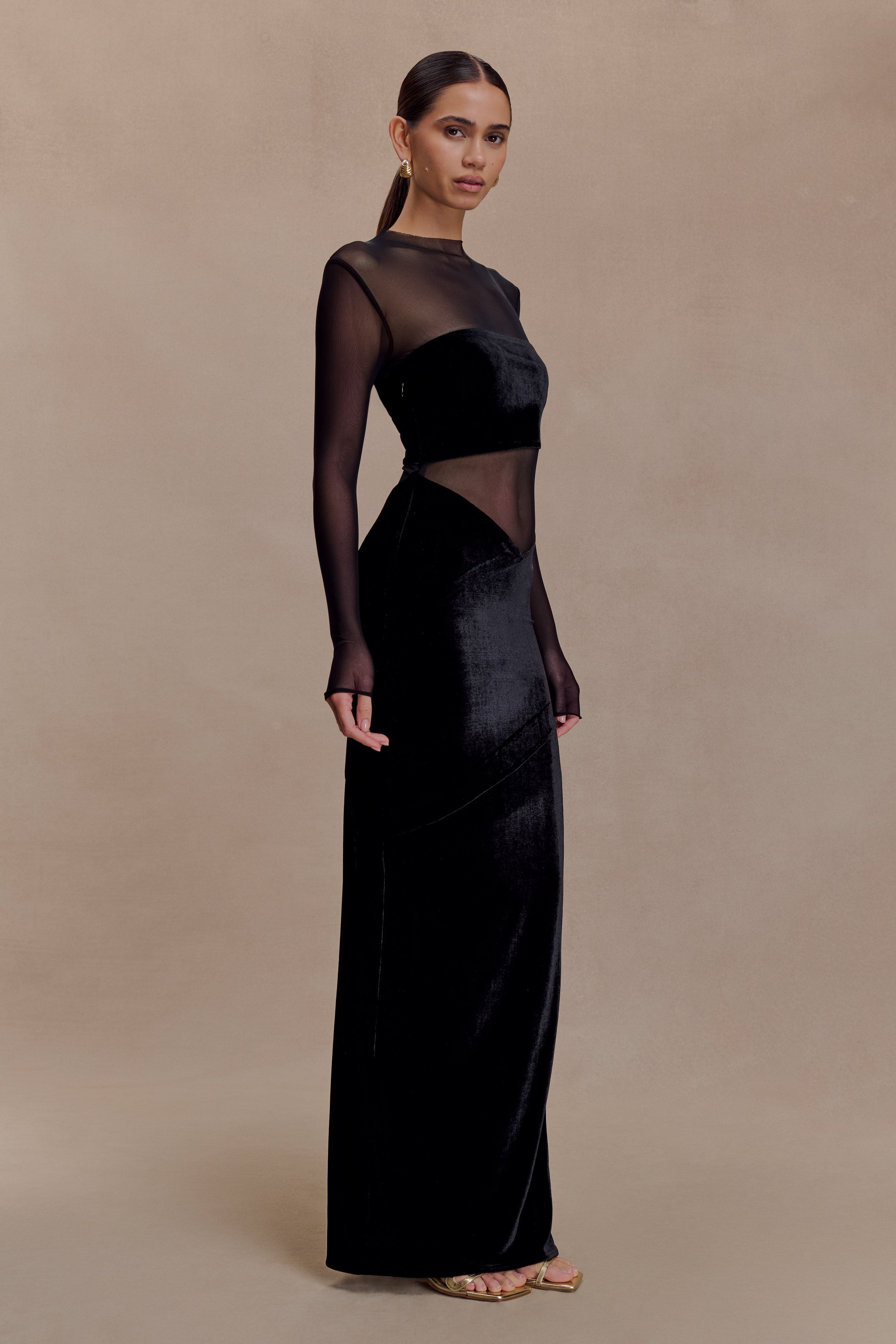 Davina Velvet And Mesh Maxi Dress - Black - Image 6