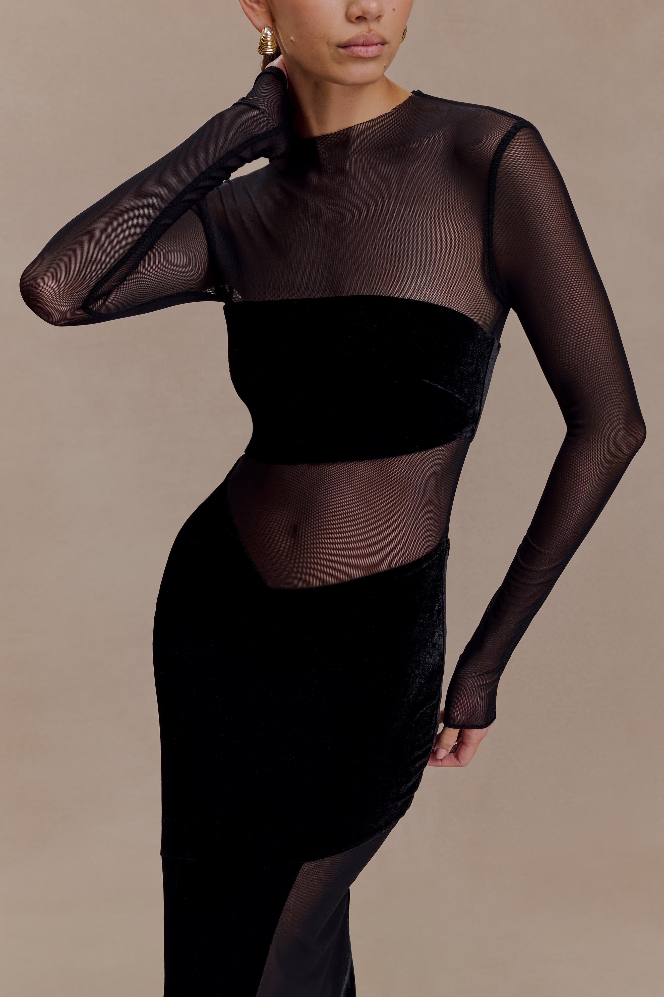 Davina Velvet And Mesh Maxi Dress - Black - Image 3