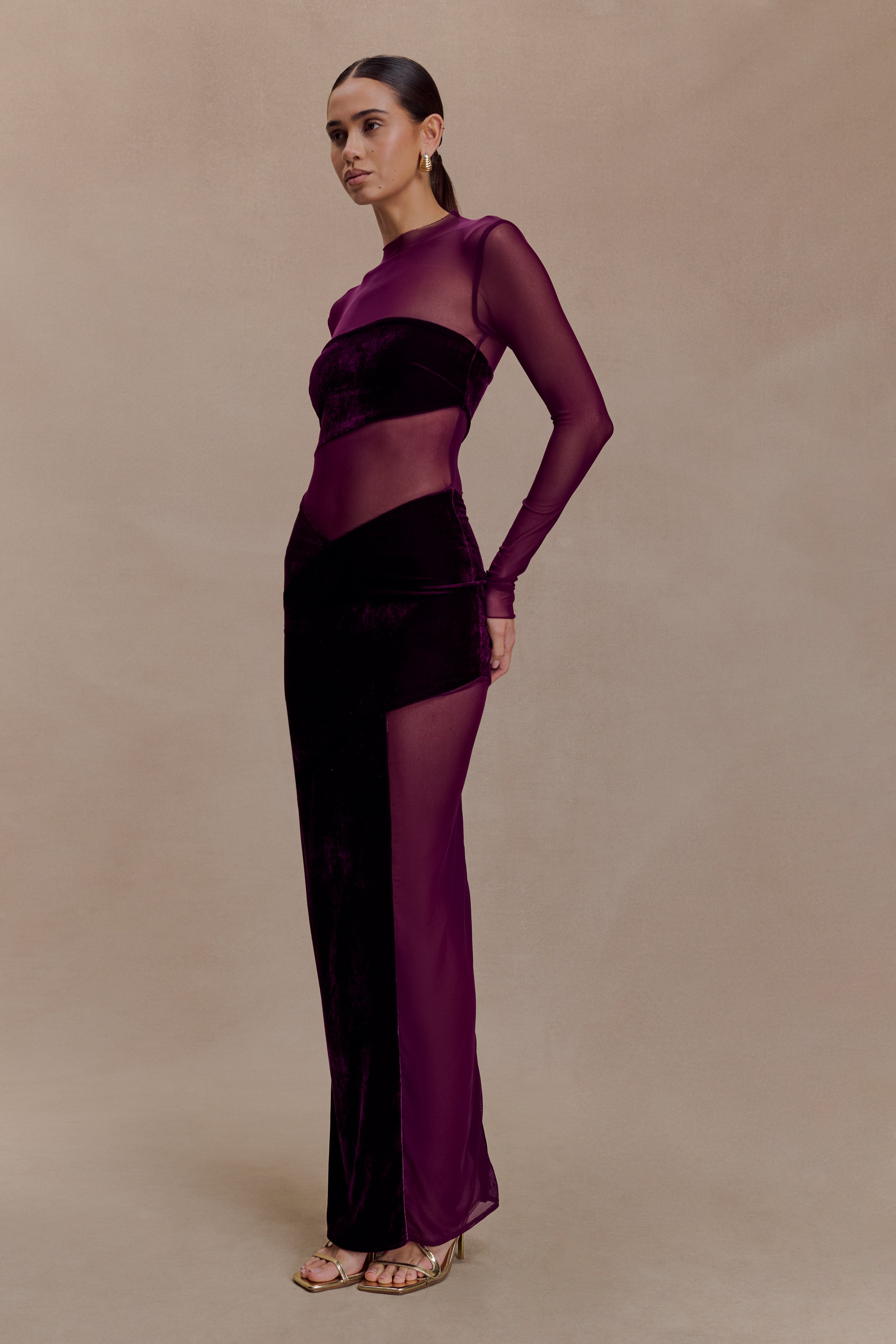 Davina Velvet And Mesh Maxi Dress - Purple - Image 4