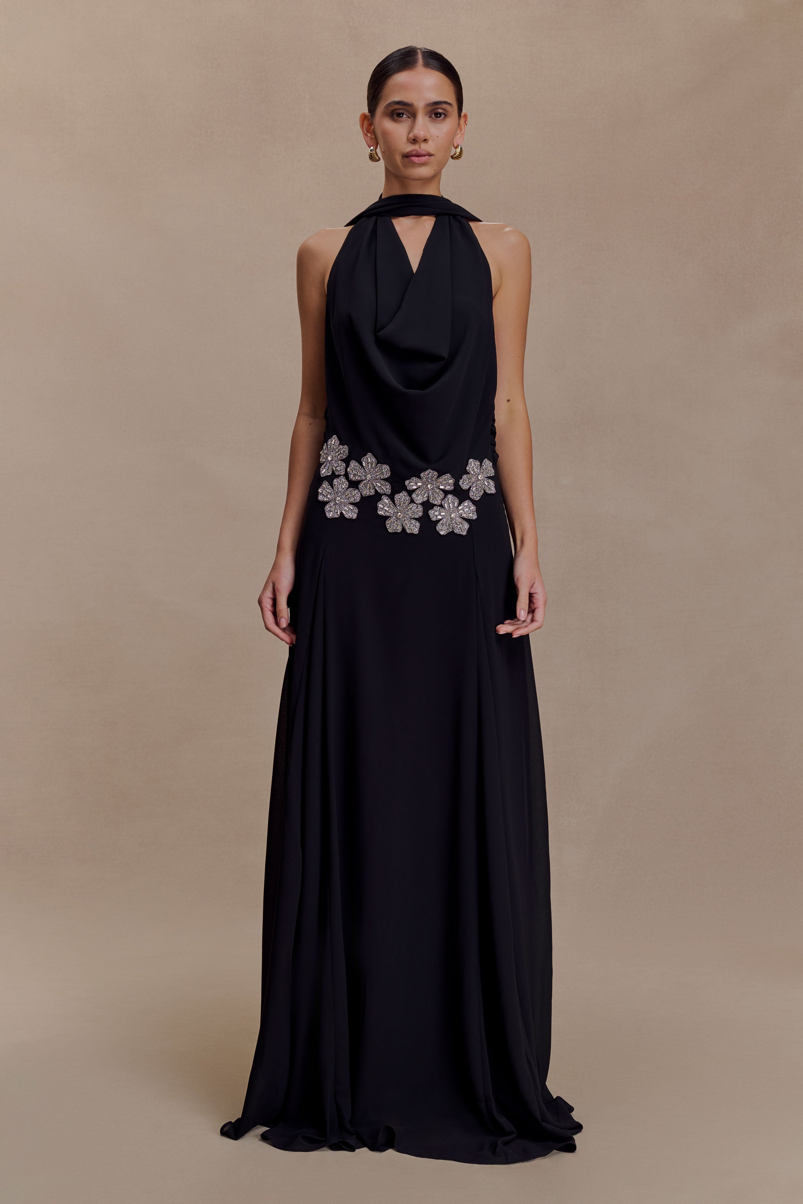 Santal Floral Chiffon Halter Maxi Dress - Black - Image 4