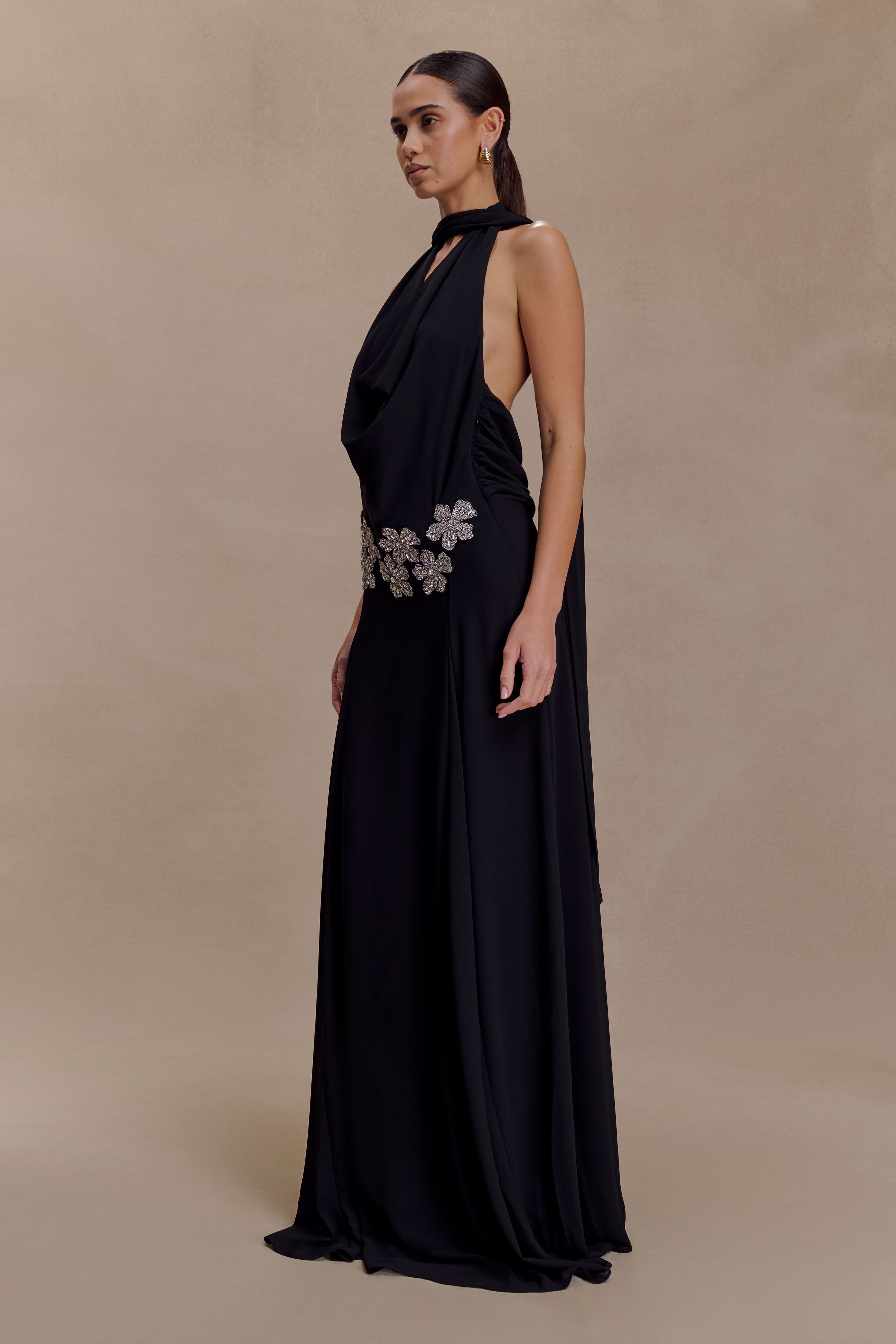 Santal Floral Chiffon Halter Maxi Dress - Black - Image 6