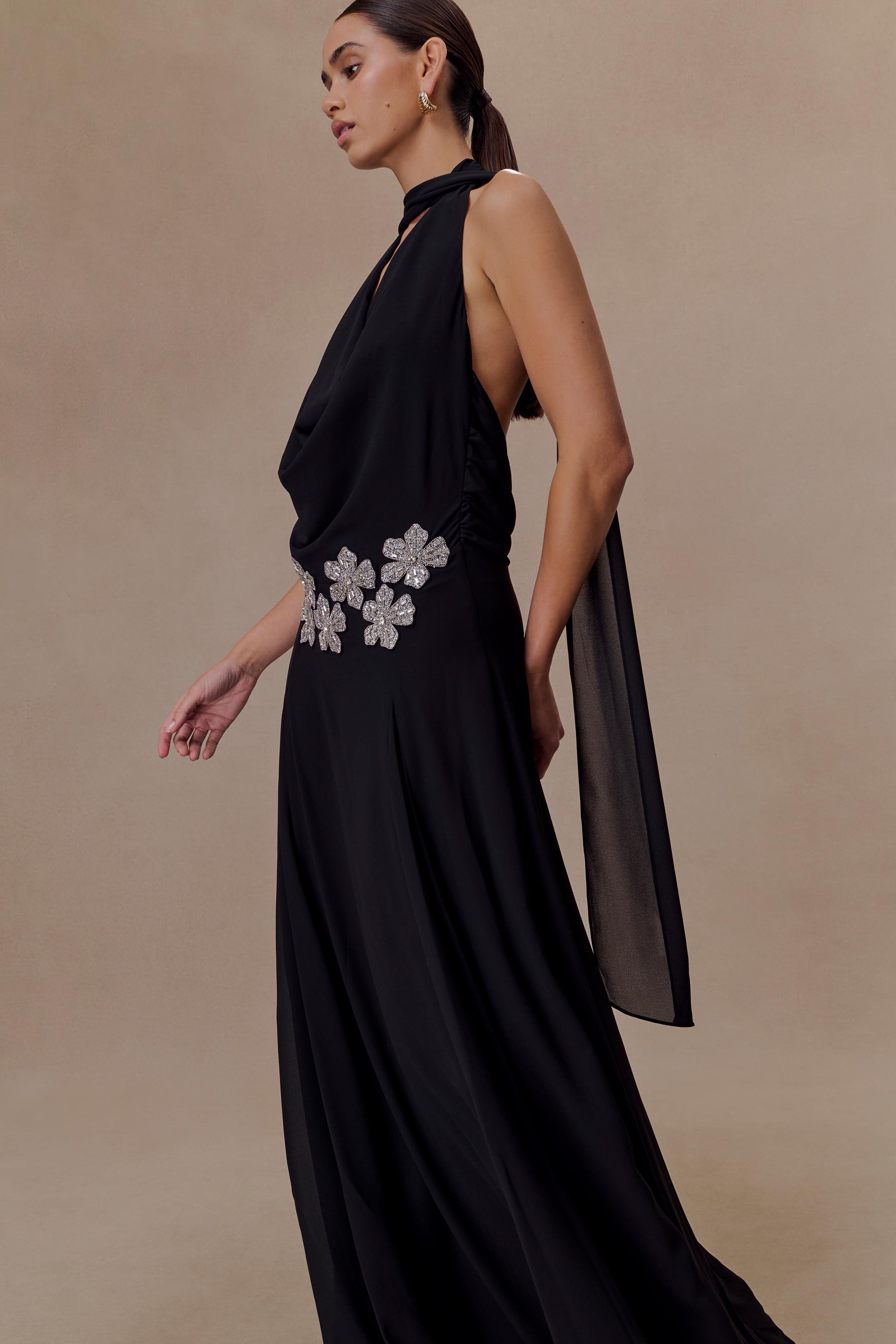 Santal Floral Chiffon Halter Maxi Dress - Black - Image 3