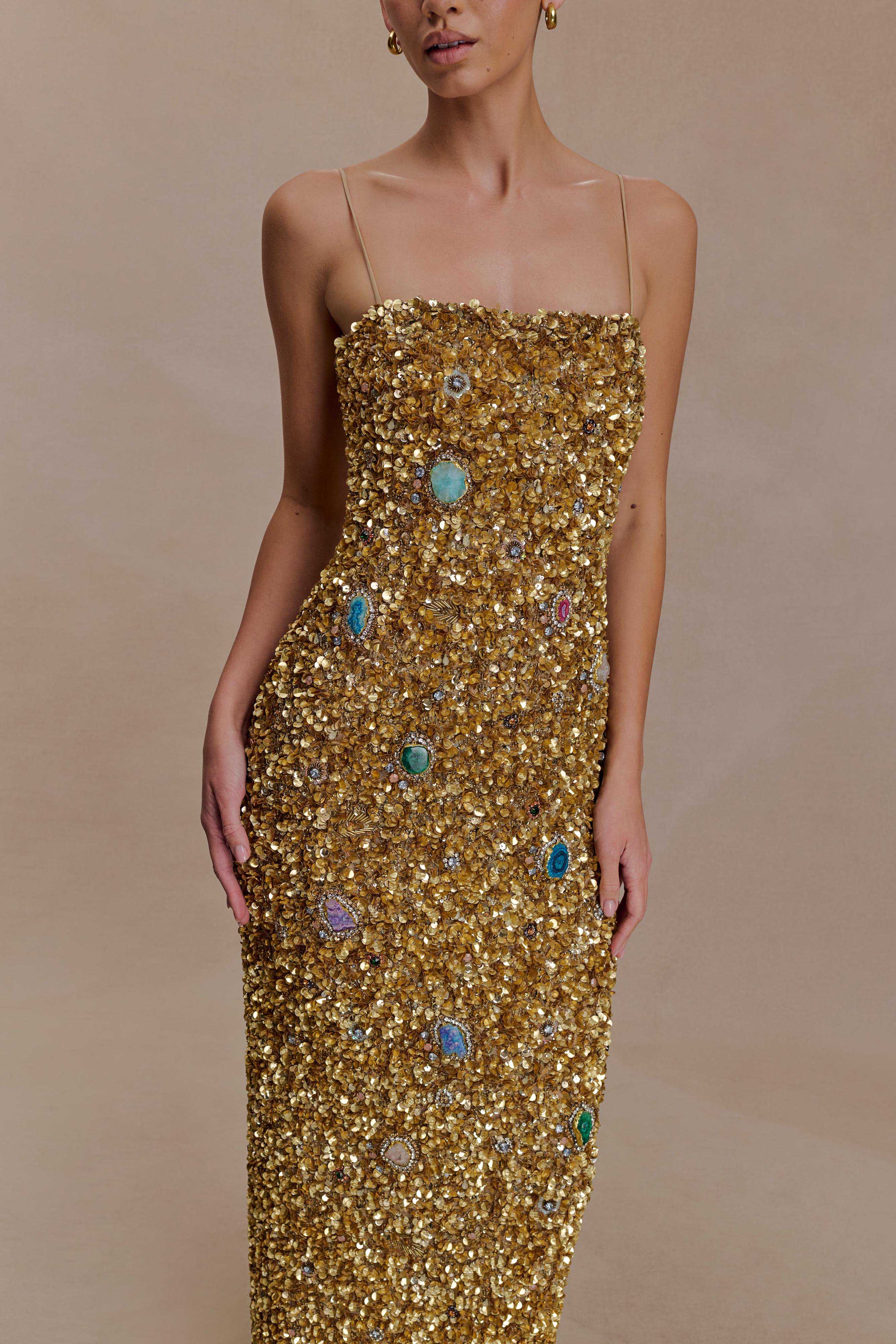 Porter Hand Beaded Midi Dress - Gold - Image 6