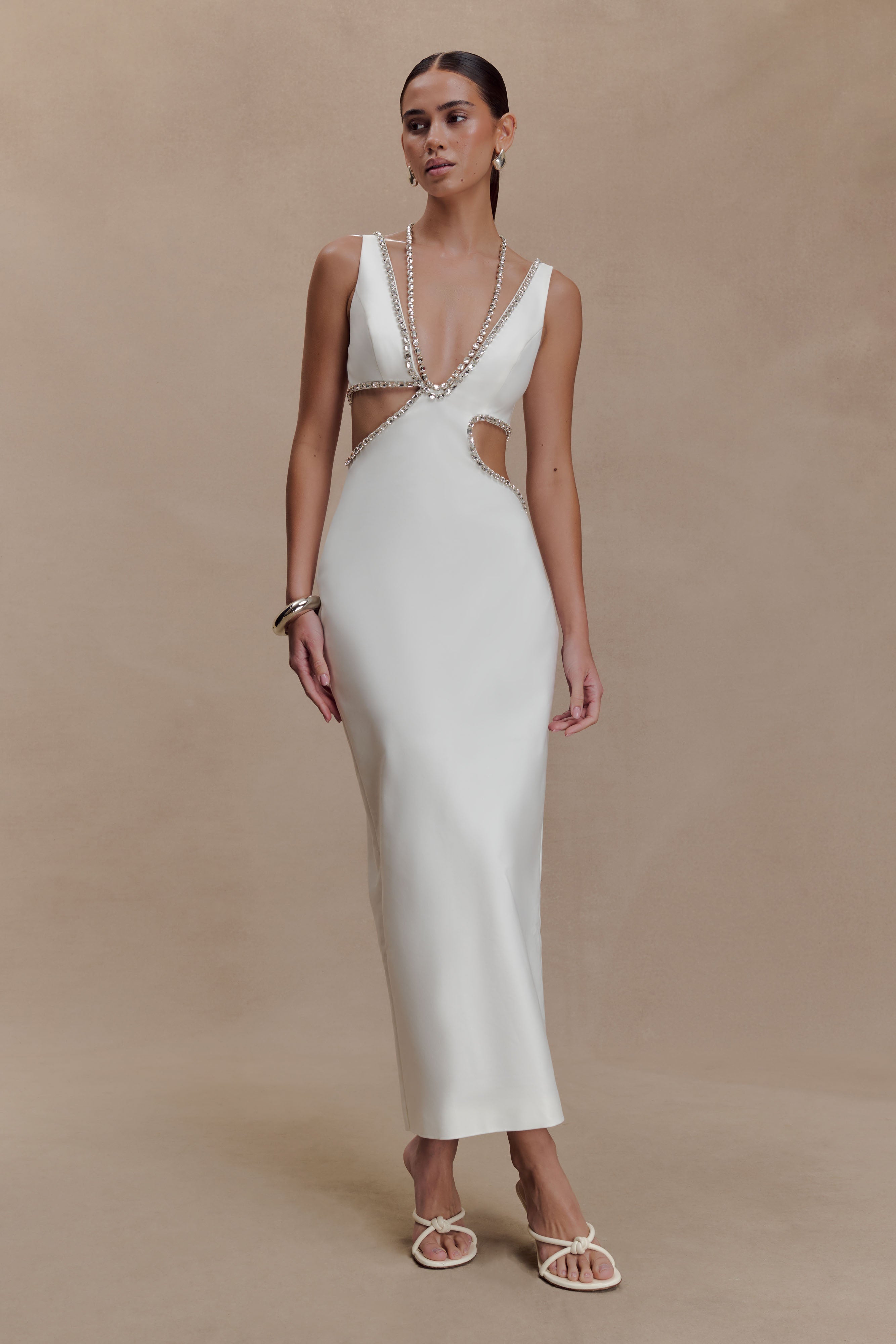 Henny Diamante Trim Cut Out Midi Dress - White - Image 7