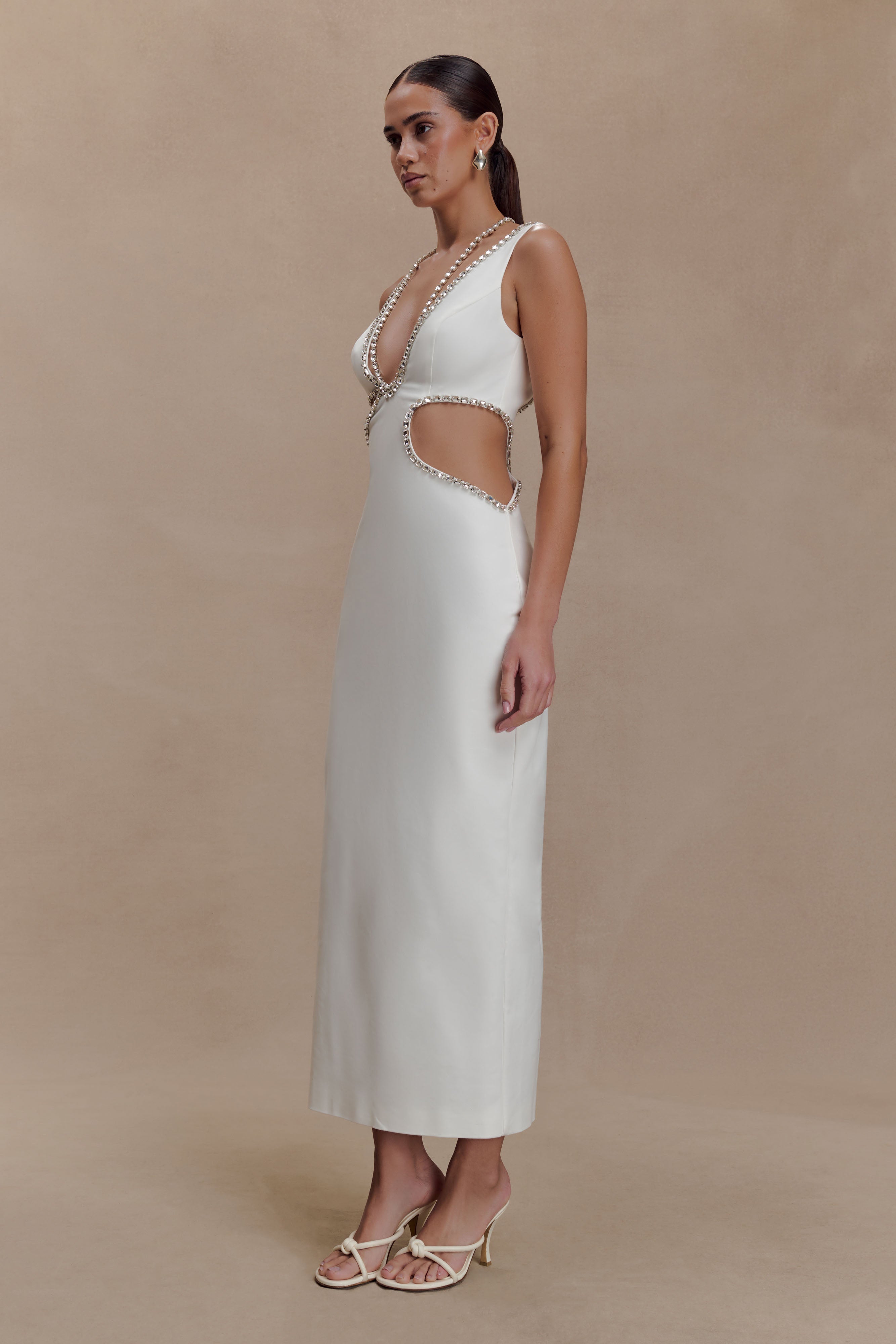 Henny Diamante Trim Cut Out Midi Dress - White - Image 6