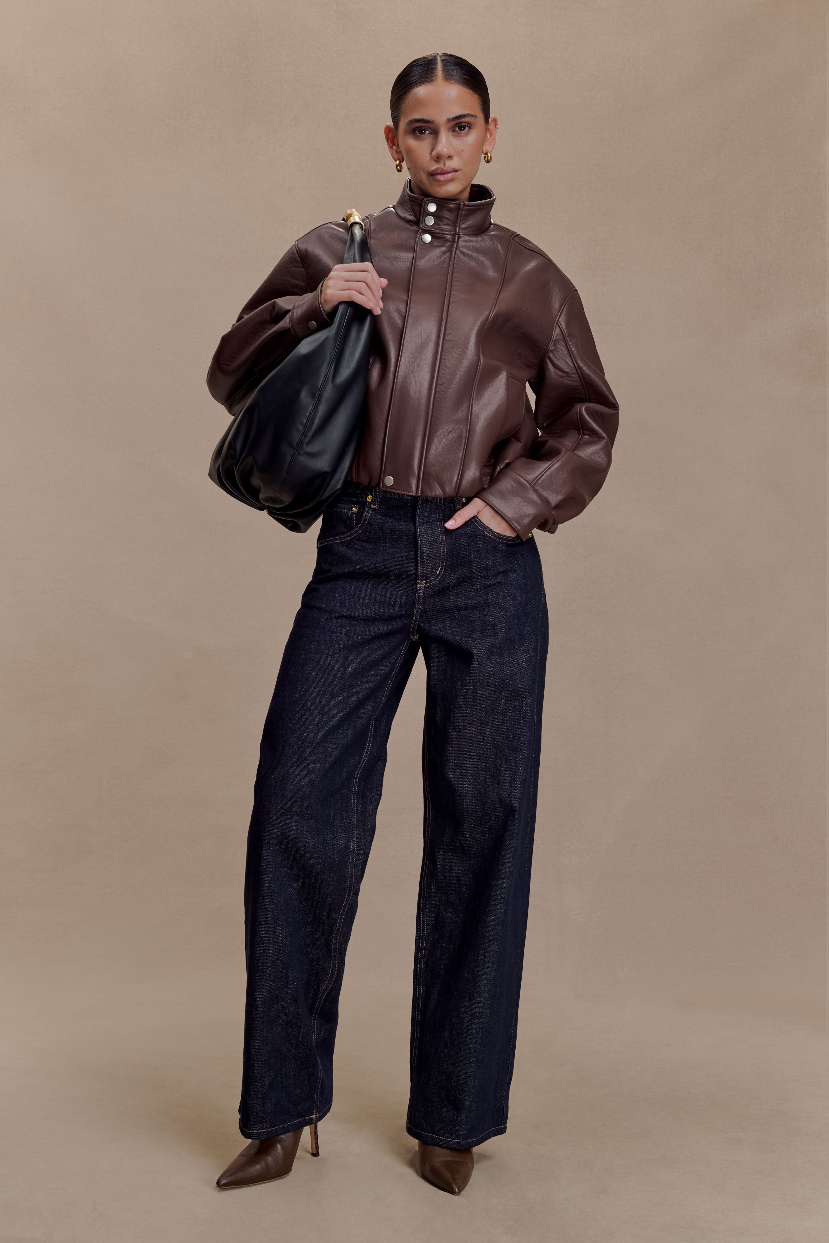 Curtis Faux Leather Bomber Jacket - Dark Chocolate - Image 6