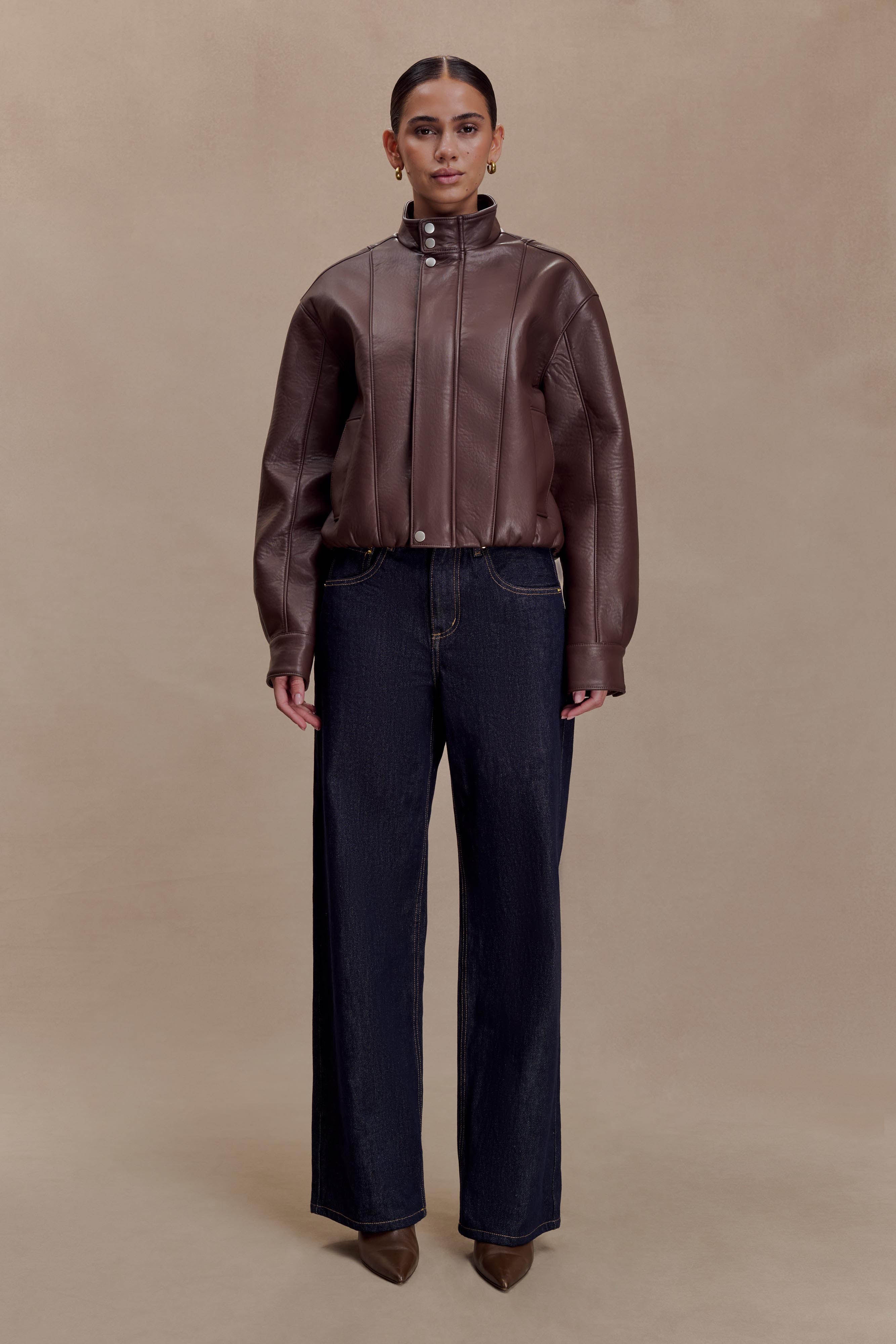 Curtis Faux Leather Bomber Jacket - Dark Chocolate - Image 9