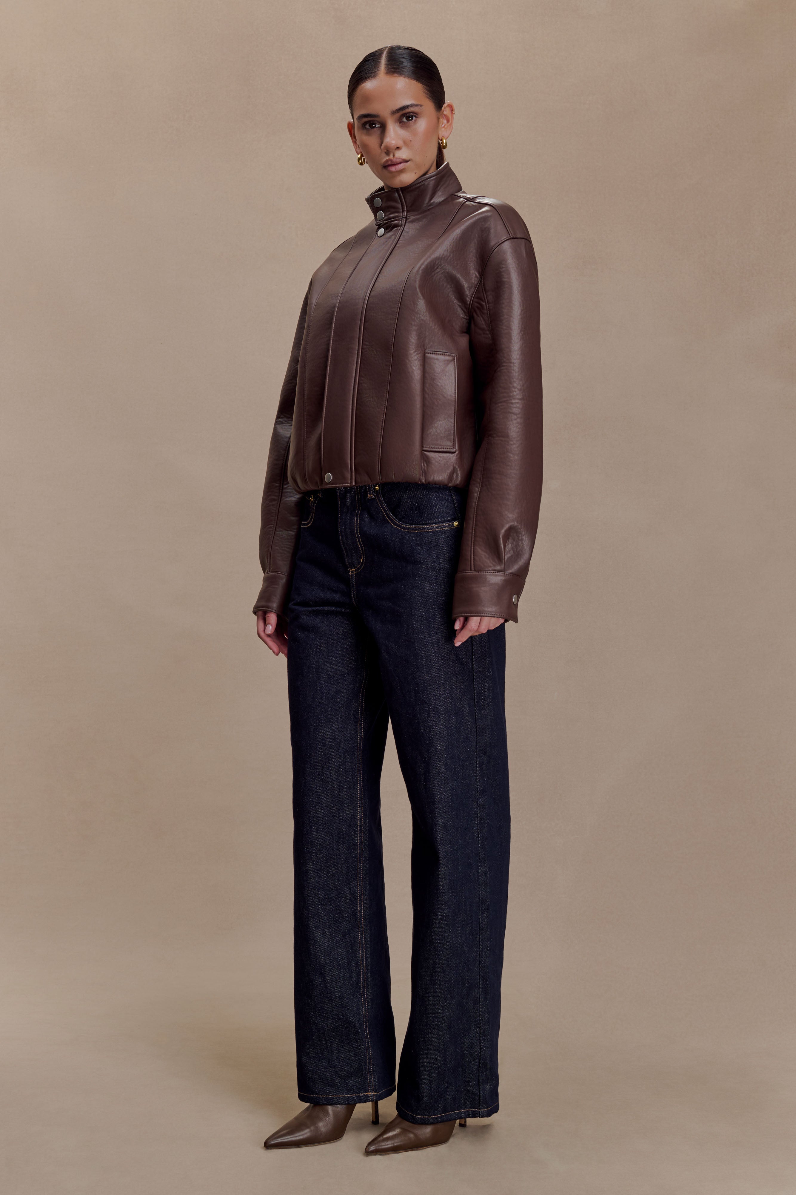 Curtis Faux Leather Bomber Jacket - Dark Chocolate - Image 5