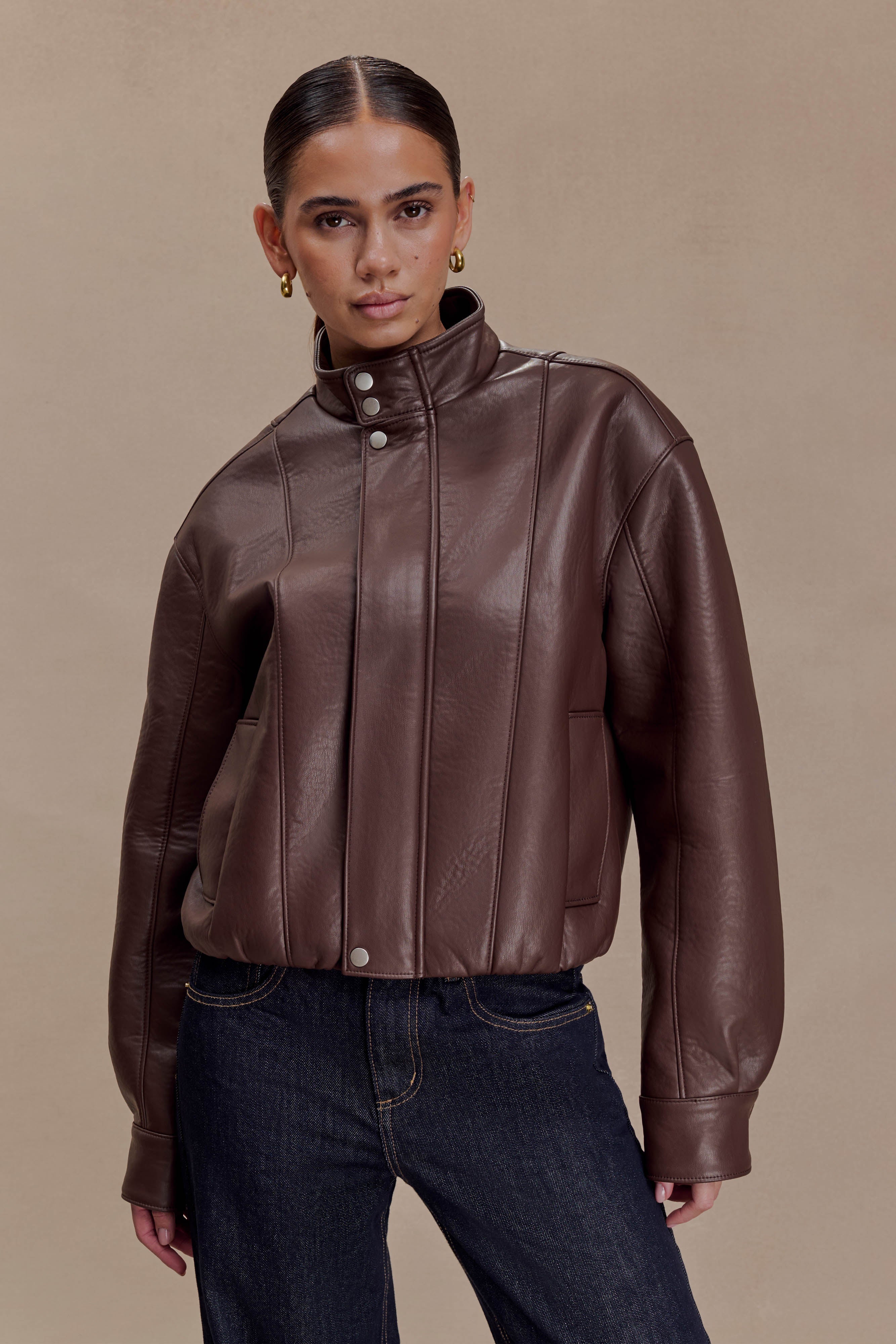 Curtis Faux Leather Bomber Jacket - Dark Chocolate - Image 2