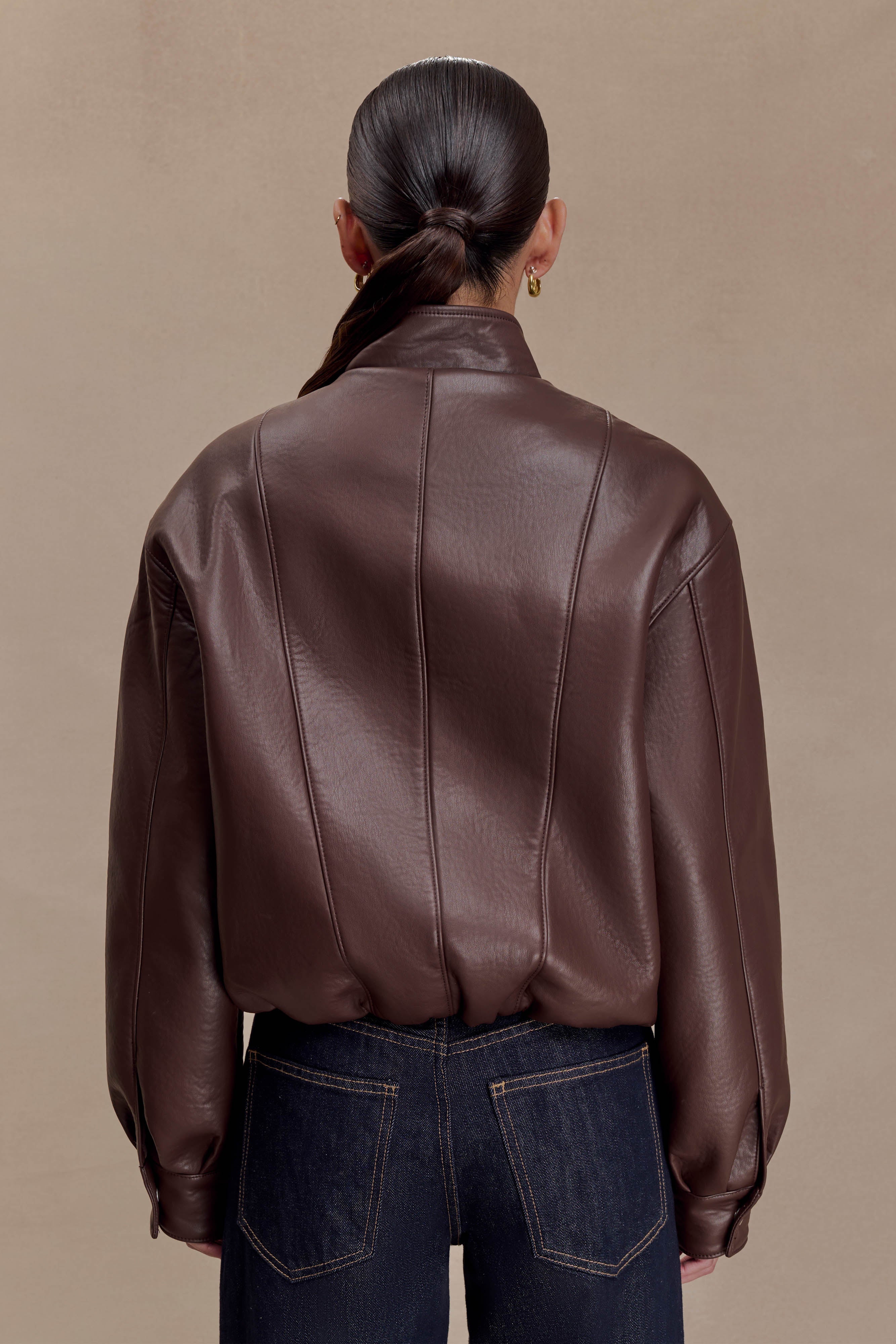 Curtis Faux Leather Bomber Jacket - Dark Chocolate - Image 4