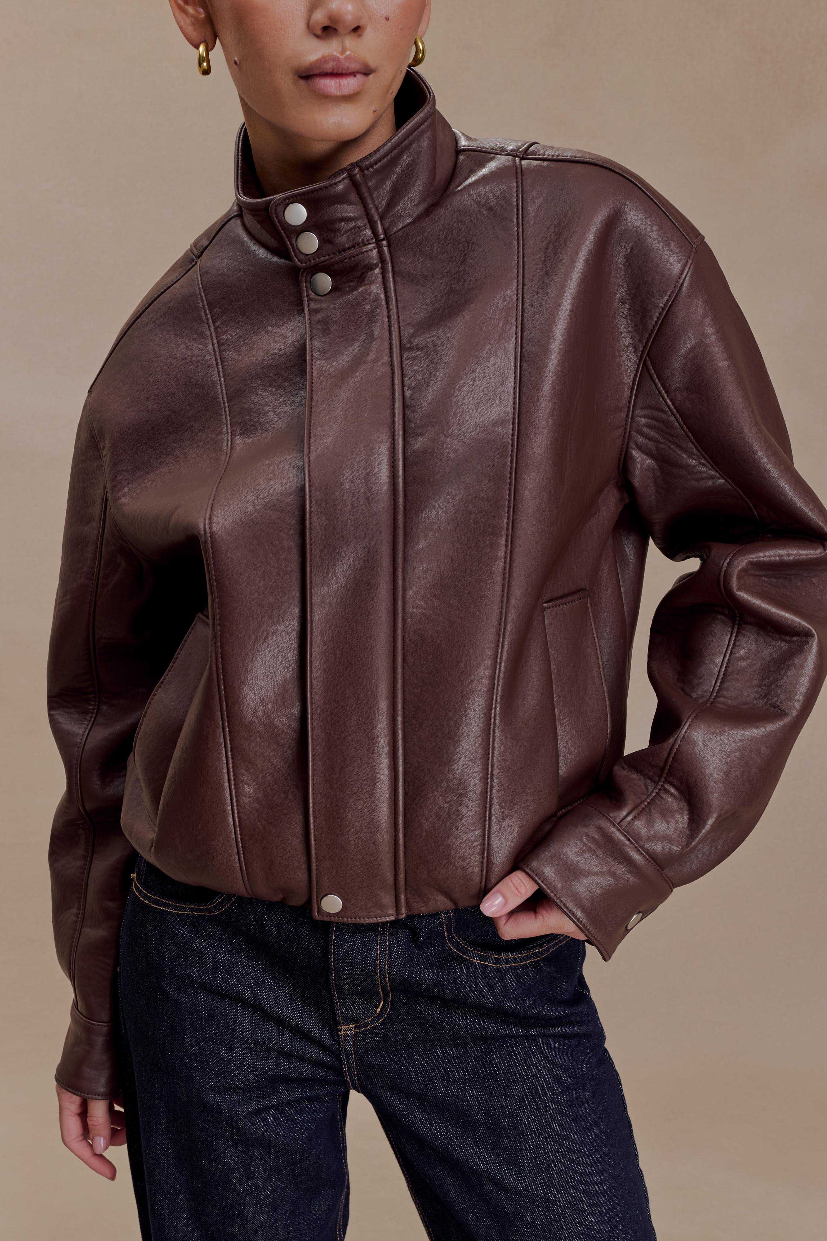 Curtis Faux Leather Bomber Jacket - Dark Chocolate - Image 3