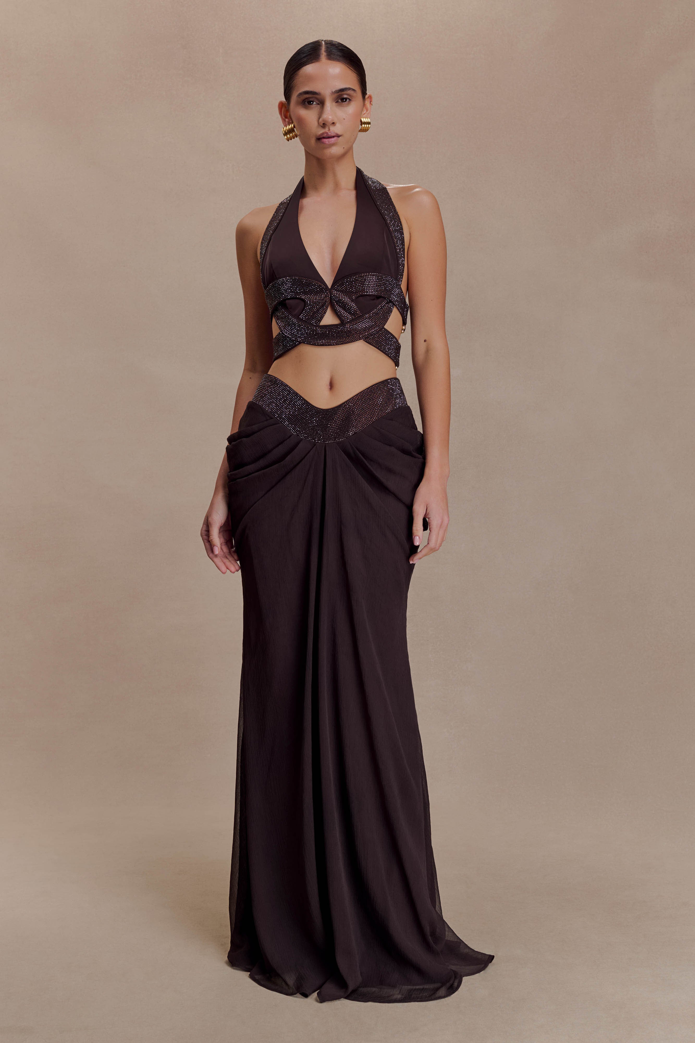 Siren Satin And Diamante Maxi Skirt - Dark Chocolate - Image 5