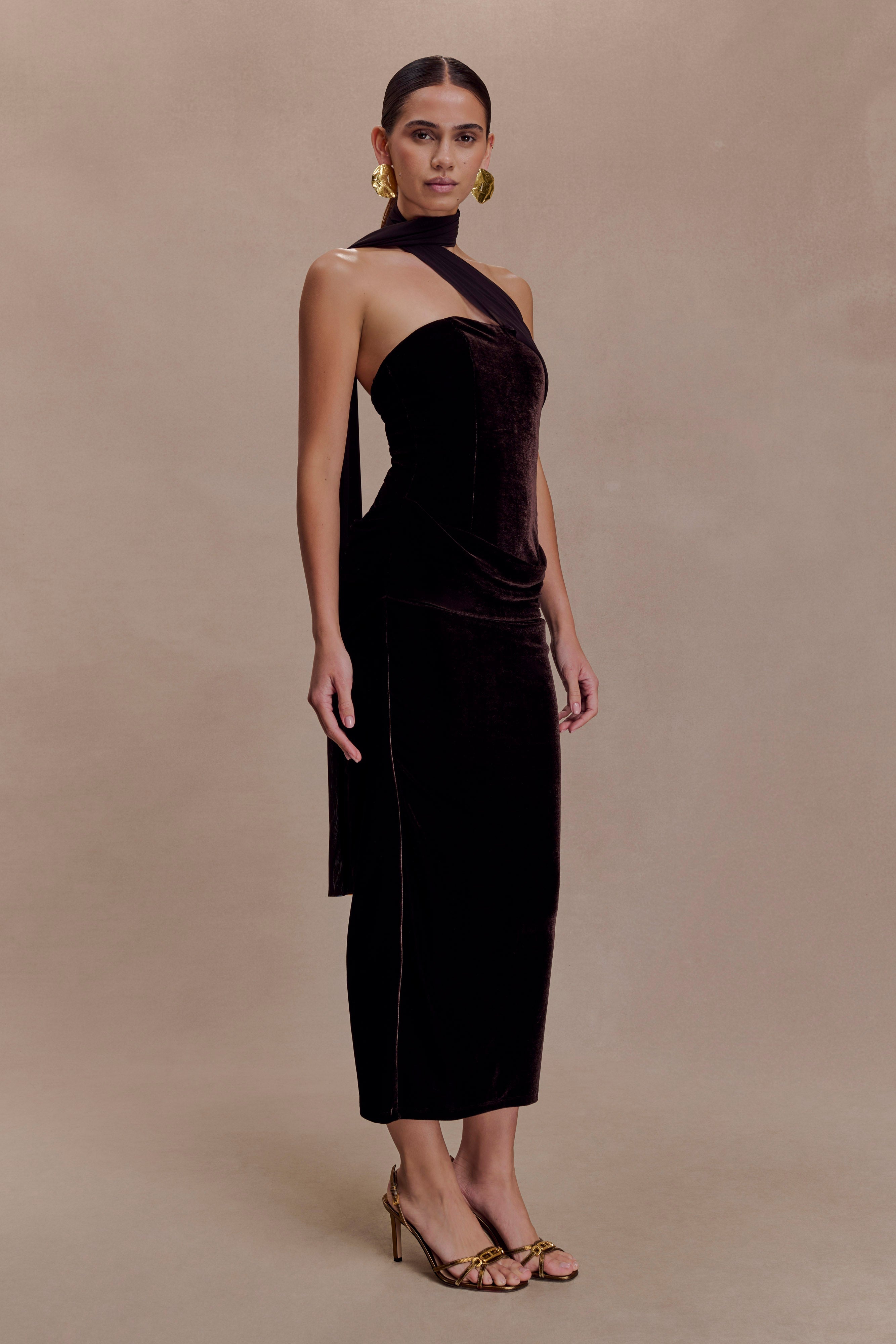 Mattea Velvet Midi Dress With Scarf - Chocolate - Image 4