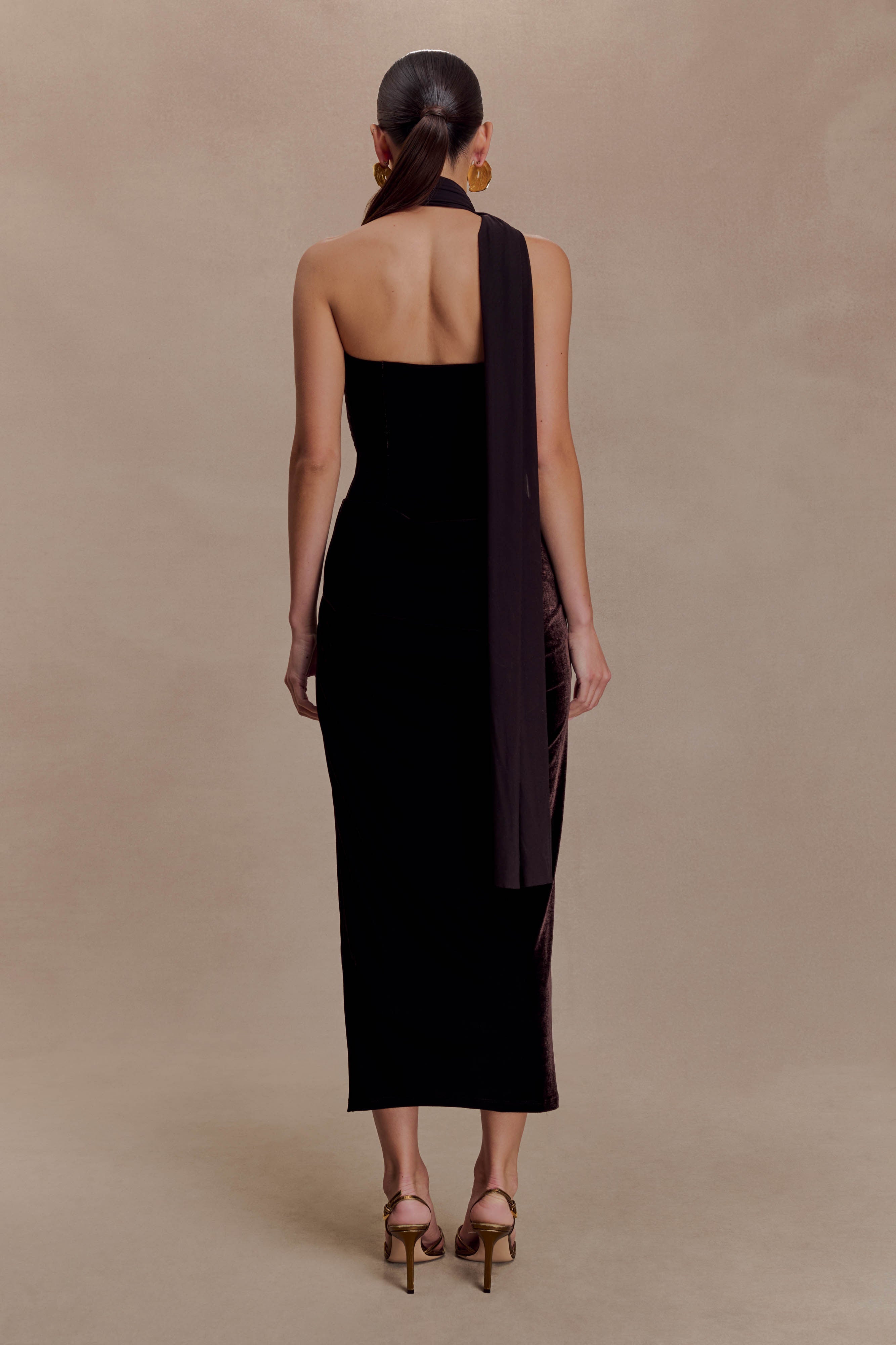 Alternative view of Mattea Velvet Midi Dress With Scarf - Chocolate