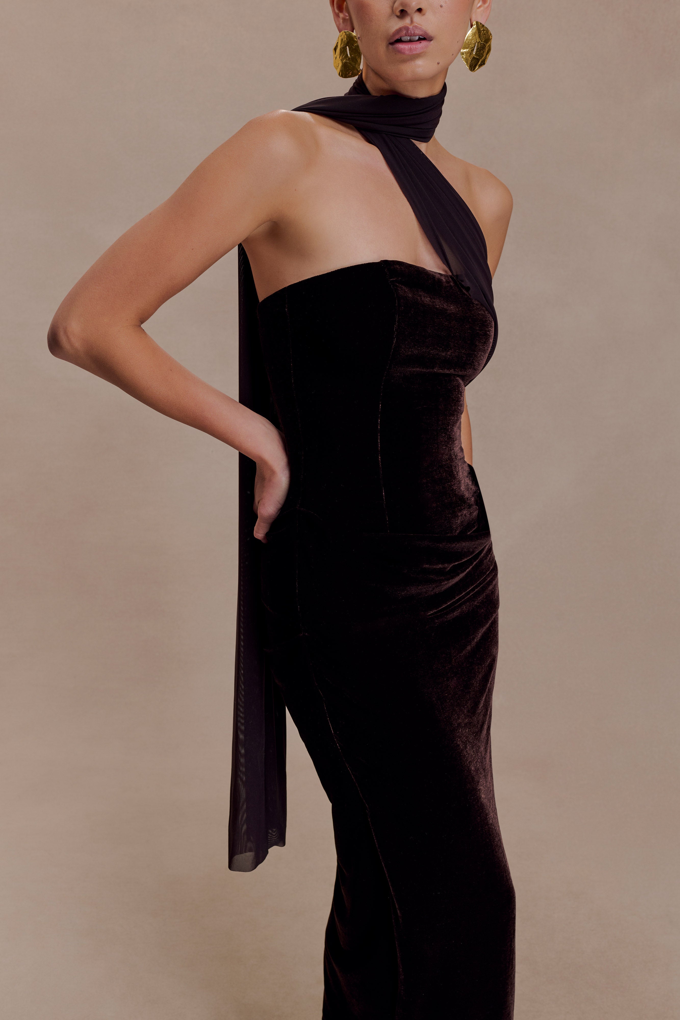 Mattea Velvet Midi Dress With Scarf - Chocolate - Image 3