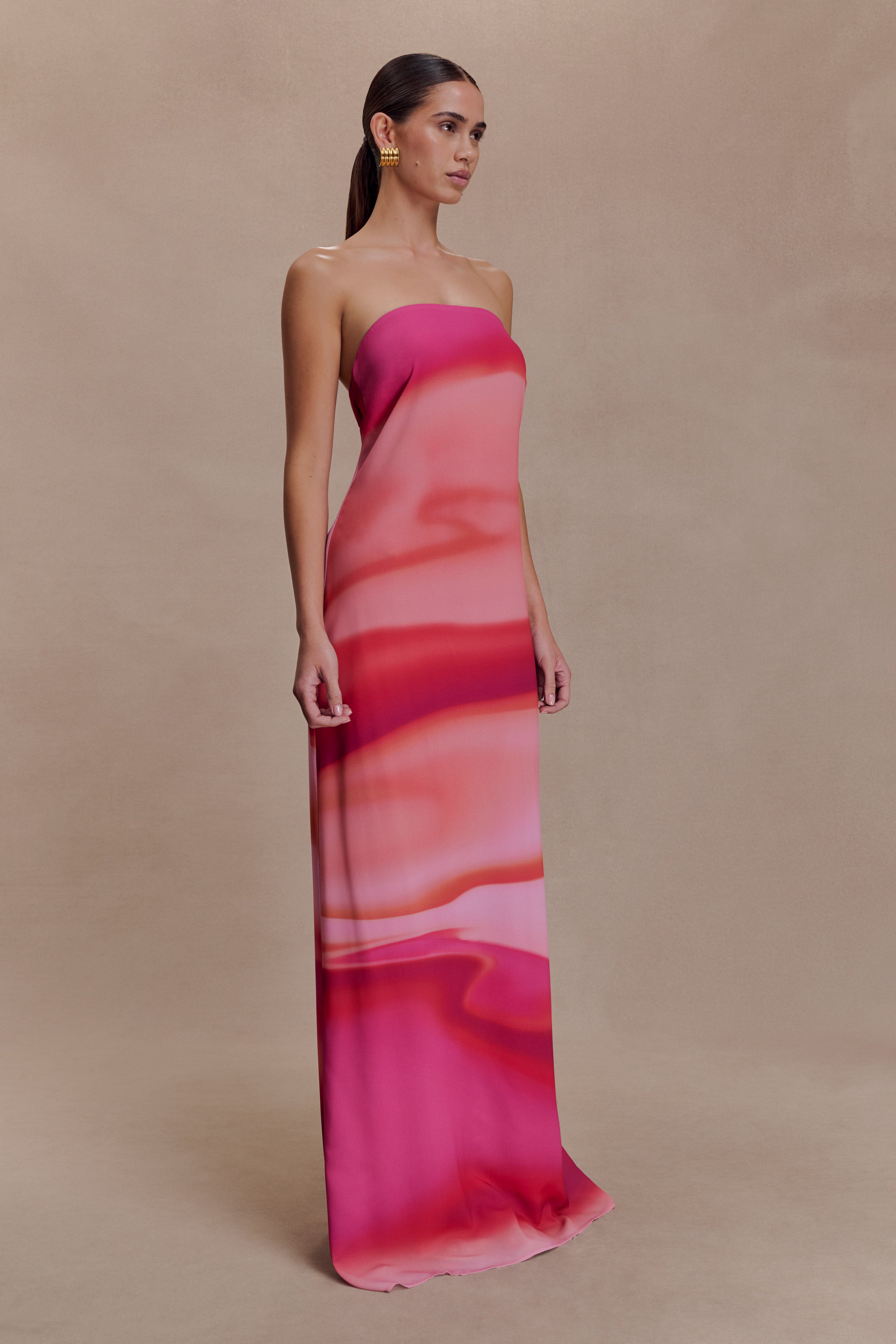 Amaya Strapless Chiffon Maxi Dress - Pink Sunset Print - Image 4