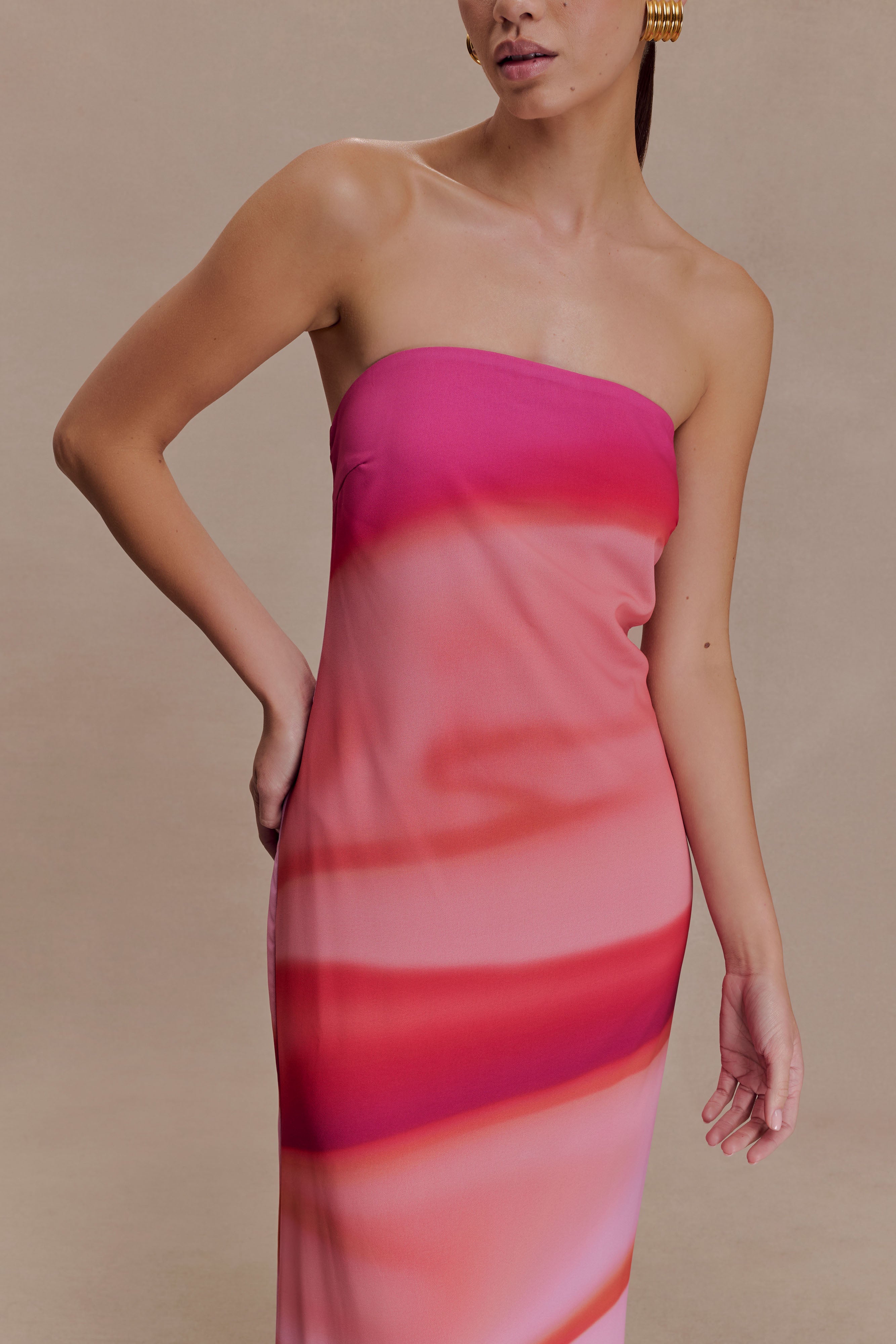 Amaya Strapless Chiffon Maxi Dress - Pink Sunset Print - Image 3