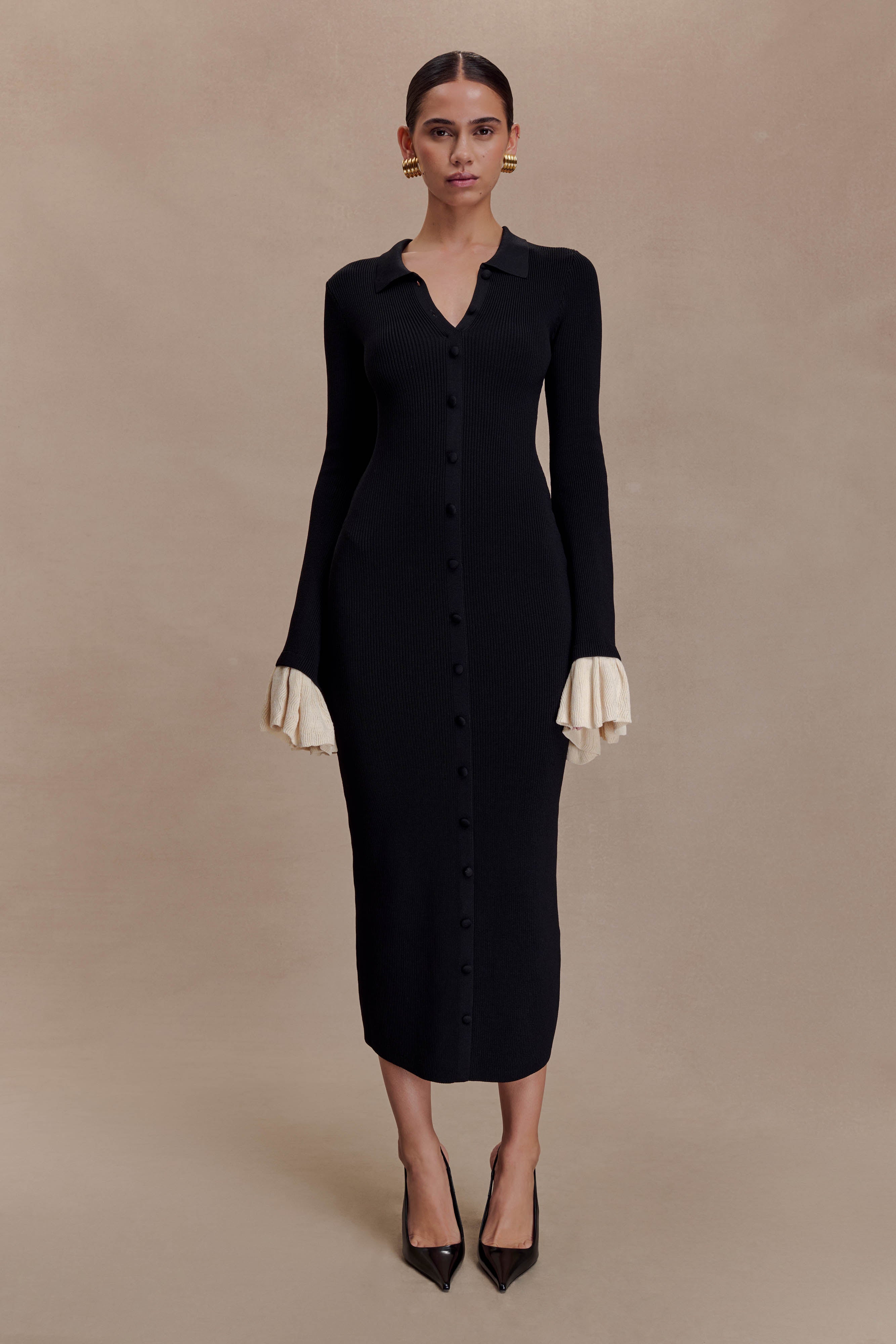 Amirose Ruffle Knit Midi Dress - Black - Image 5