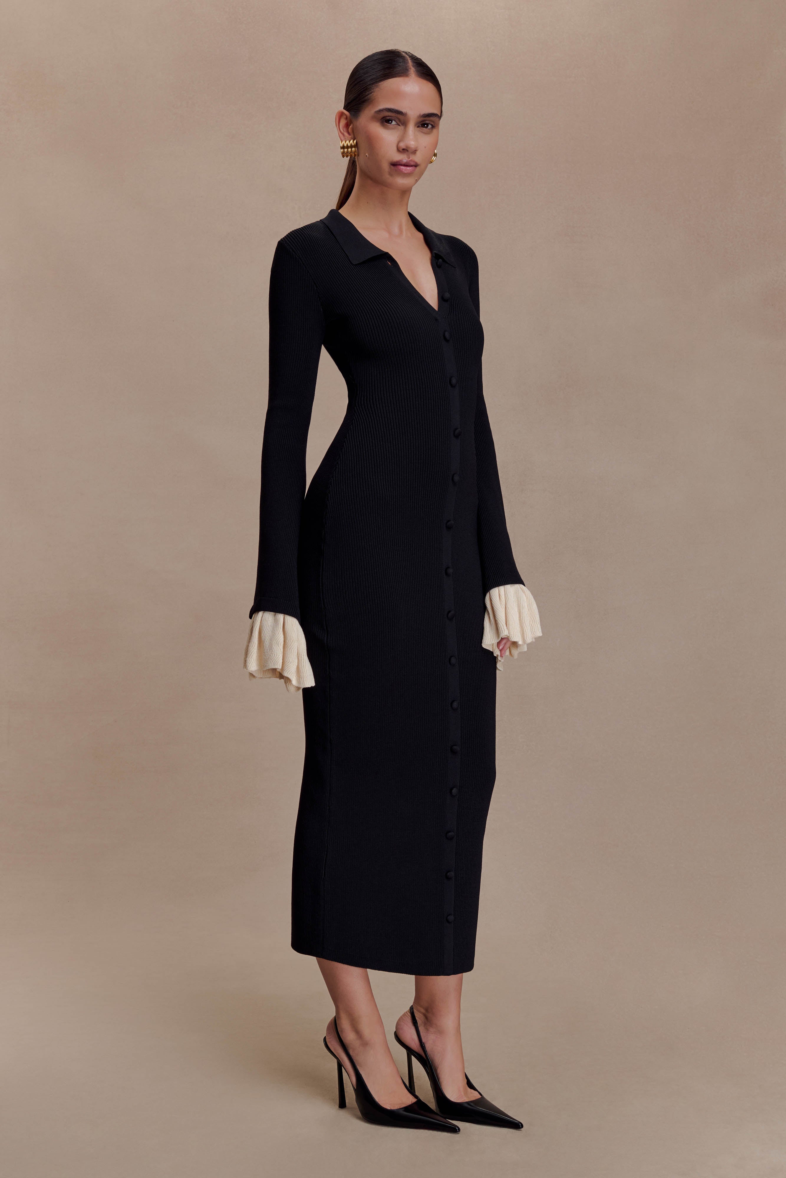 Amirose Ruffle Knit Midi Dress - Black - Image 4