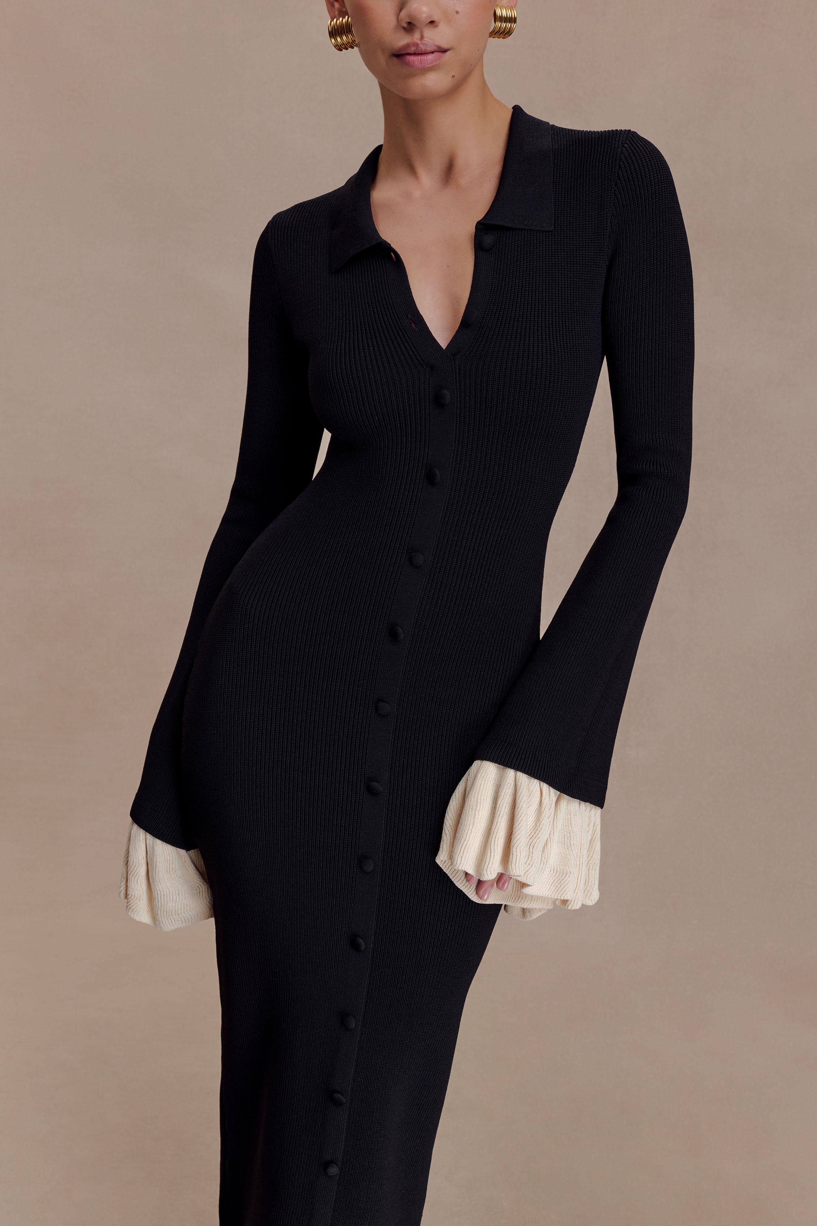 Amirose Ruffle Knit Midi Dress - Black - Image 3