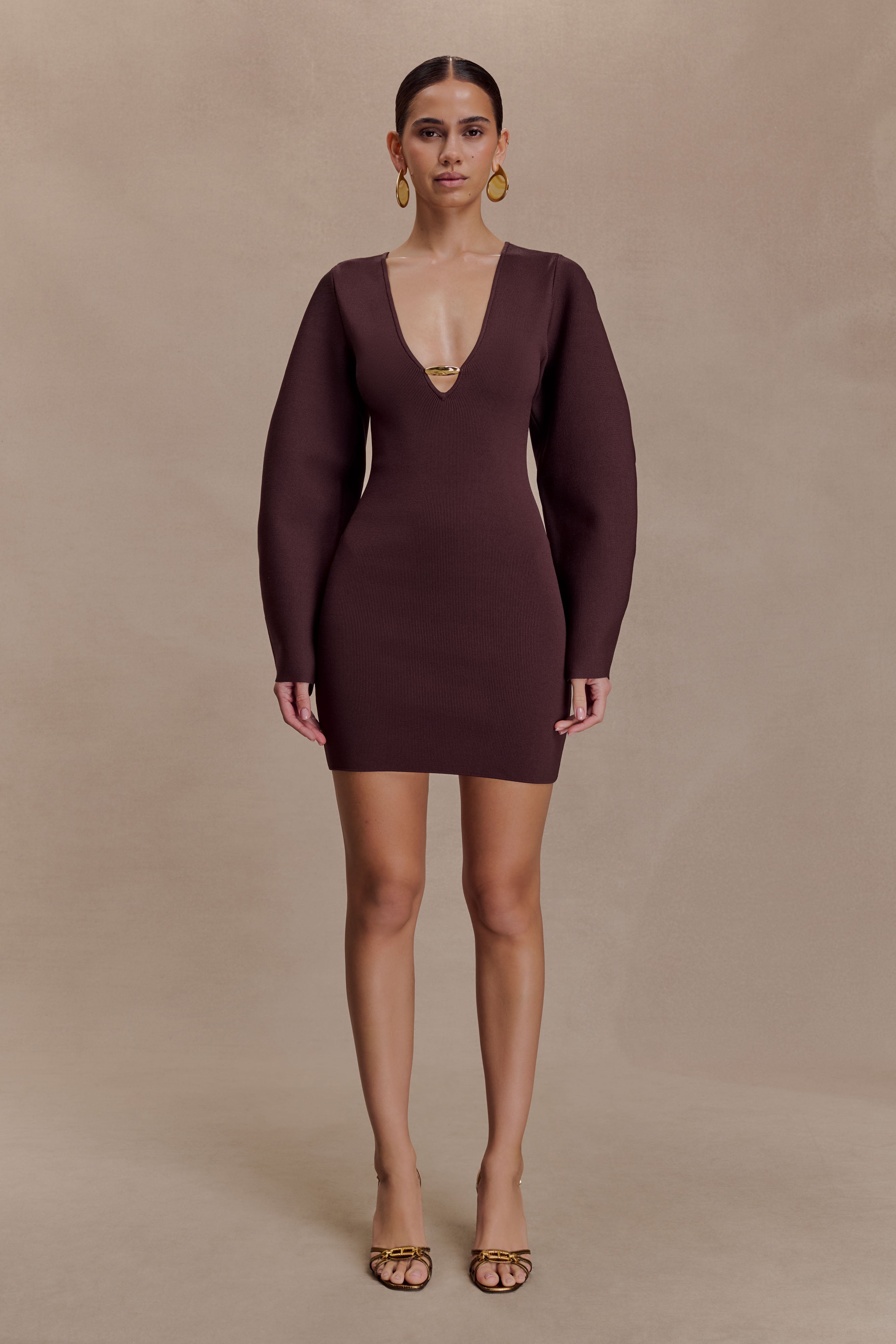 Billy Balloon Sleeve Knit Mini Dress - Dark Chocolate - Image 3