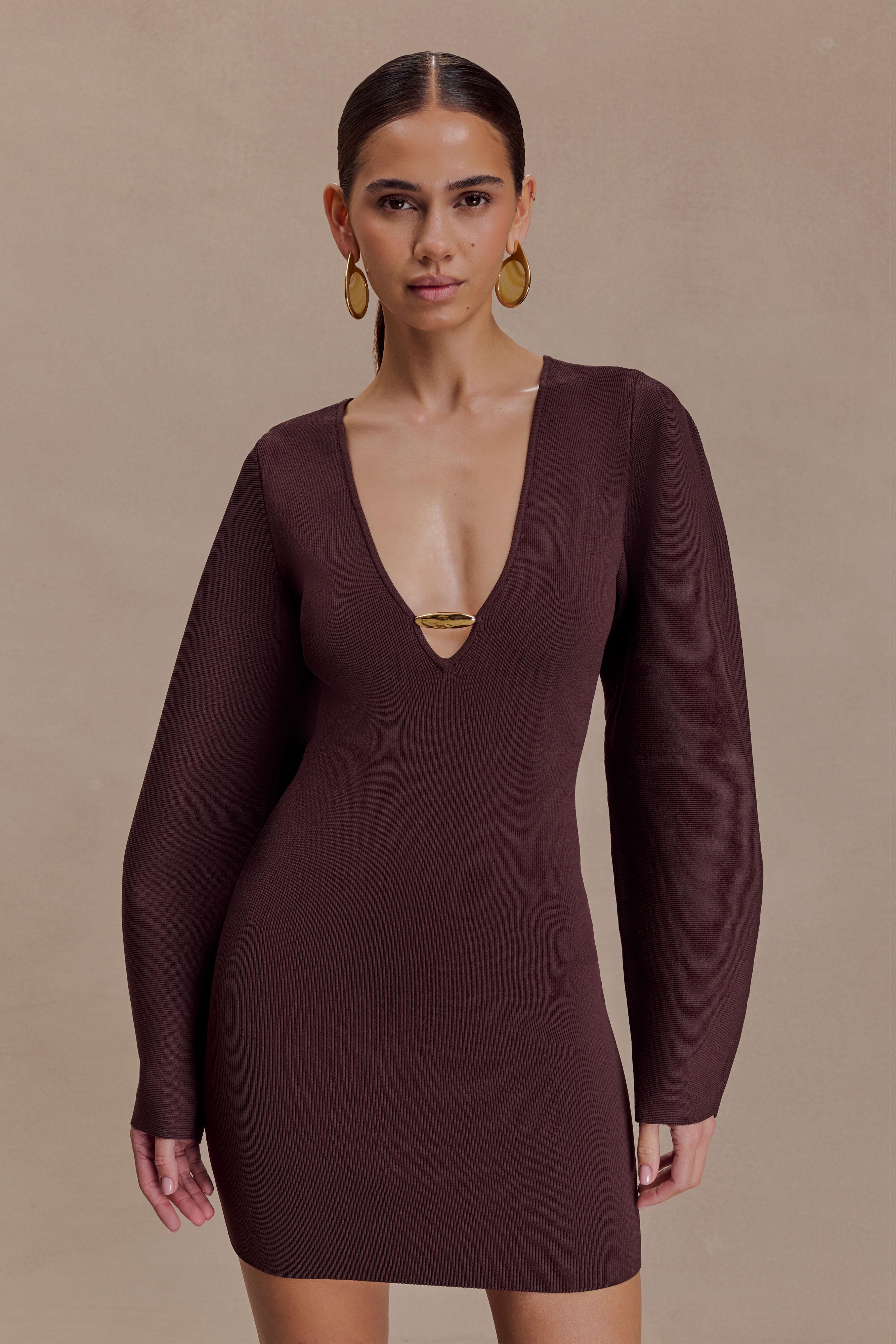 Billy Balloon Sleeve Knit Mini Dress - Dark Chocolate - Image 7