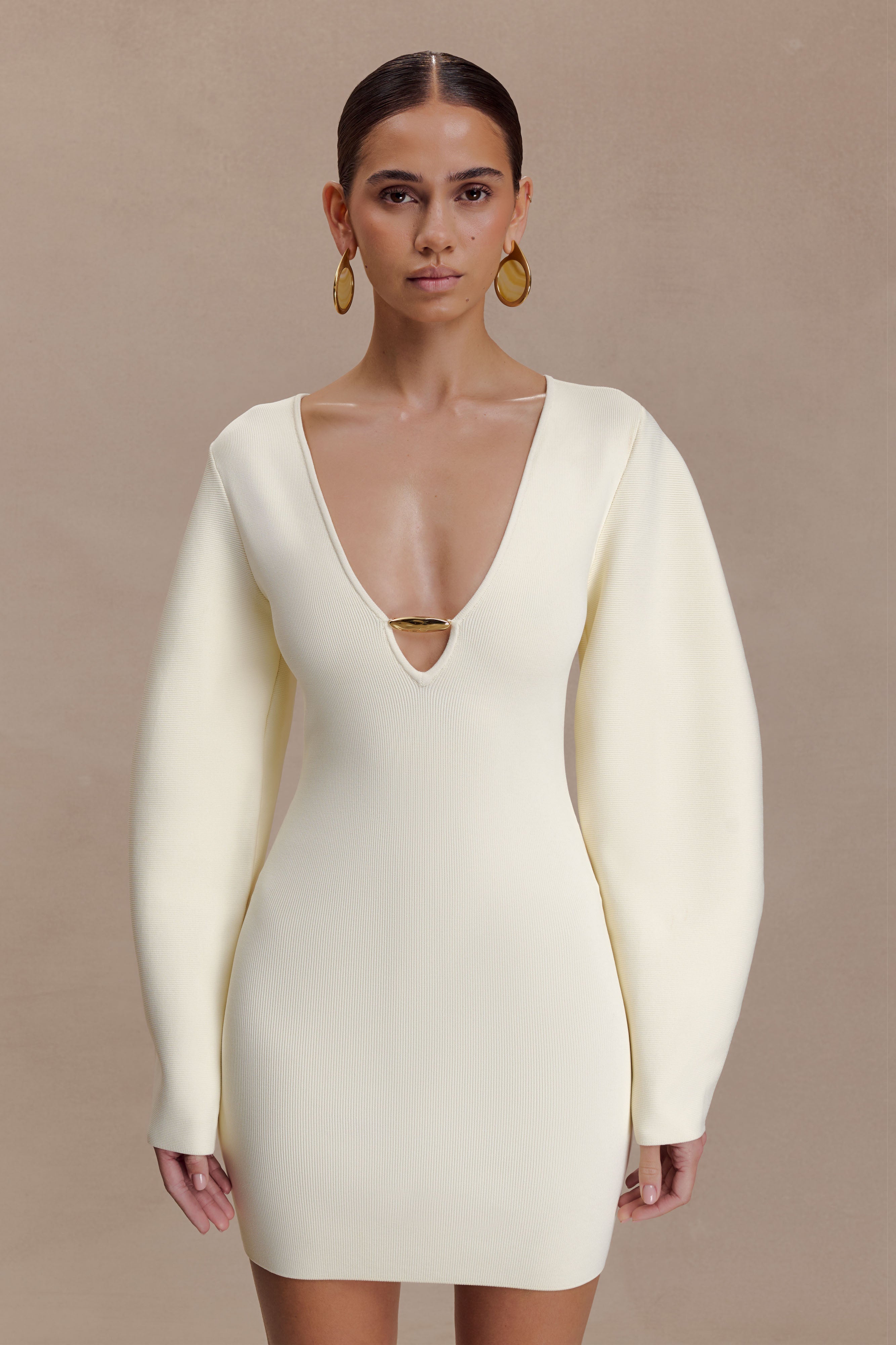 Billy Balloon Sleeve Knit Mini Dress - Ivory - Image 4