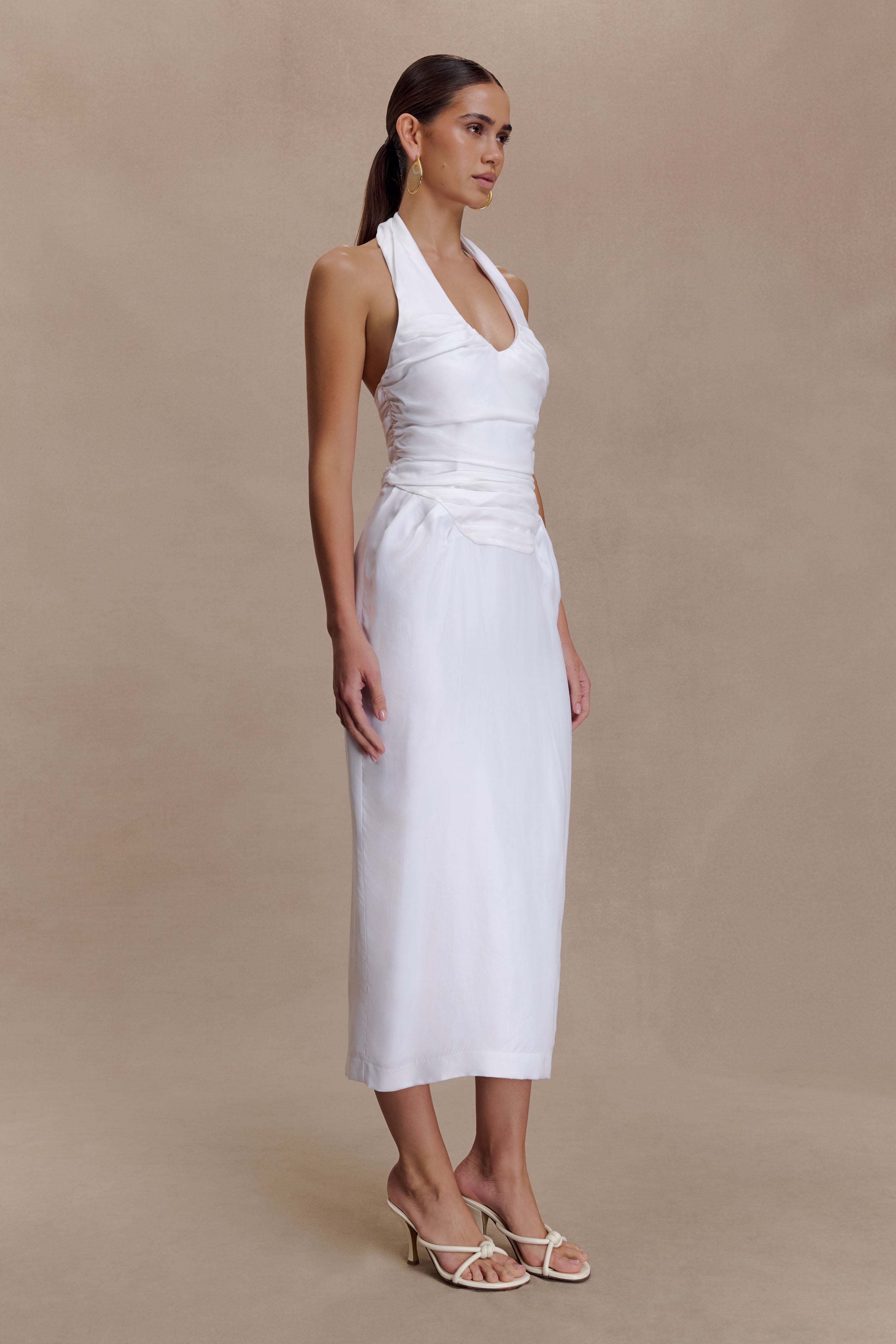 Daniela Ruched Halter Midi Dress - White - Image 5